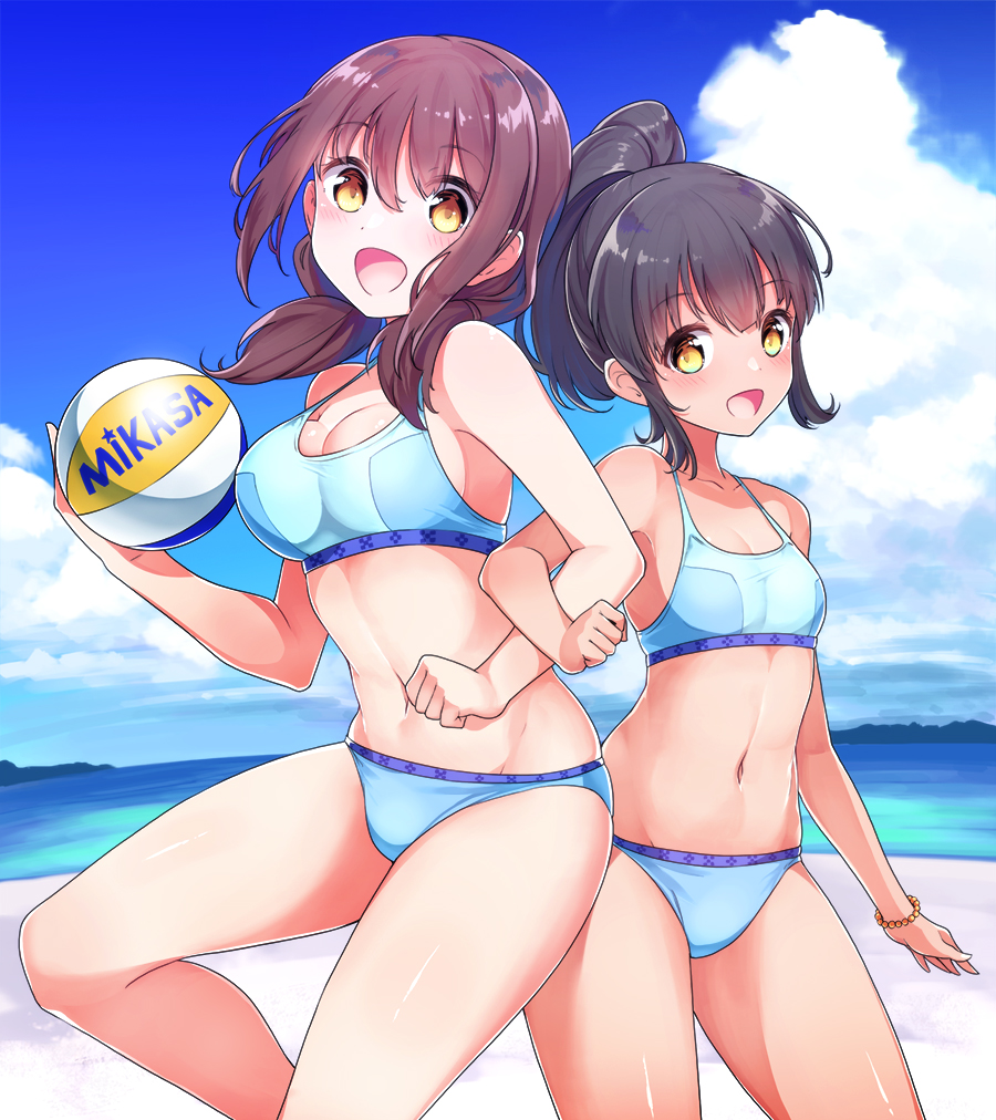 :d ball bangs bare_arms bare_shoulders beach bikini blue_bikini blue_sky blush breasts brown_eyes brown_hair cleavage cloud cloudy_sky collarbone commentary_request day eyebrows_visible_through_hair groin hair_between_eyes halter_top halterneck harukana_receive higa_kanata high_ponytail holding holding_ball horizon konnyaku_(kk-monmon) large_breasts locked_arms long_hair looking_at_viewer low_twintails multiple_girls navel ocean oozora_haruka_(harukana_receive) open_mouth outdoors ponytail sand sky small_breasts smile standing standing_on_one_leg swimsuit tan twintails water