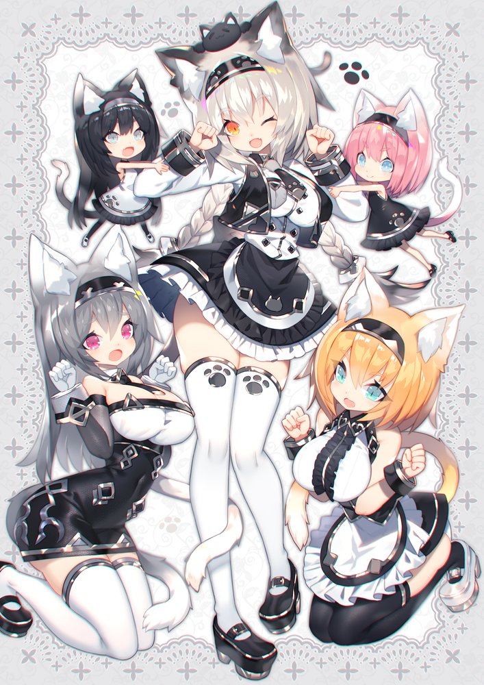 animal animal_ear_fluff animal_ears animal_on_head animal_print apron aqua_eyes bangs bare_shoulders black_cat black_dress black_footwear black_hair black_legwear black_skirt blonde_hair braid breasts cat cat_ears cat_on_head cat_print cat_tail center_frills chibi closed_mouth commentary_request double-breasted dress elbow_gloves eyebrows_visible_through_hair fang french_braid frilled_skirt frills full_body gloves grey_eyes grey_hair hair_between_eyes hairband kneeling lace_background large_breasts long_hair looking_at_viewer maid_apron mamuru medium_breasts multiple_girls necktie on_head one_eye_closed open_mouth orange_eyes original paw_pose paw_print pink_eyes pink_hair platform_footwear pocket shirt short_eyebrows short_hair silver_hair skirt sleeveless sleeveless_dress smile tail thick_eyebrows thighhighs tied_hair twin_braids white_dress white_footwear white_gloves white_legwear white_shirt white_skirt wrist_cuffs zettai_ryouiki