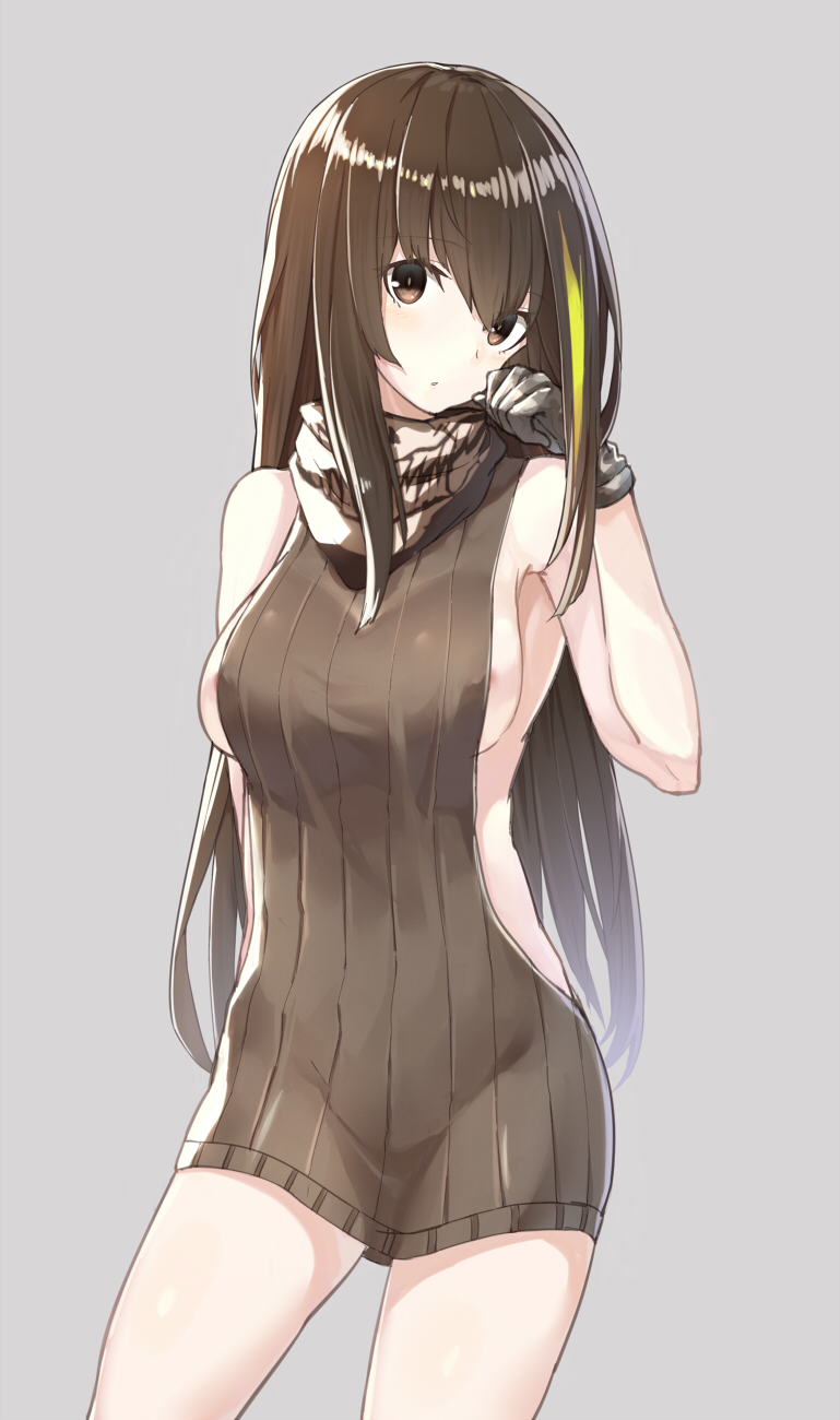 areola_slip areolae backless_outfit bangs bare_shoulders blonde_hair blush breasts brown_eyes brown_gloves brown_hair brown_sweater closed_mouth commentary_request dress eyebrows_visible_through_hair girls_frontline gloves grey_background hair_between_eyes hand_up head_tilt highres long_hair looking_at_viewer m4a1_(girls_frontline) mag_(mag42) medium_breasts meme_attire multicolored_hair naked_sweater sideboob simple_background sleeveless solo streaked_hair sweater sweater_dress very_long_hair virgin_killer_sweater