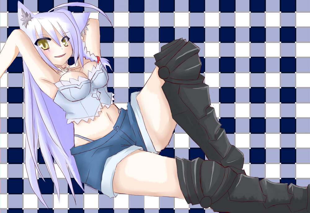 1girl ahoge animal_ears artist_request boots braid breasts bustier cat_ears cleavage dog_days grin highres leonmitchelli_galette_des_rois long_hair looking_at_viewer medium_breasts midriff navel open_mouth short_shorts shorts silver_hair smile thong very_long_hair yellow_eyes