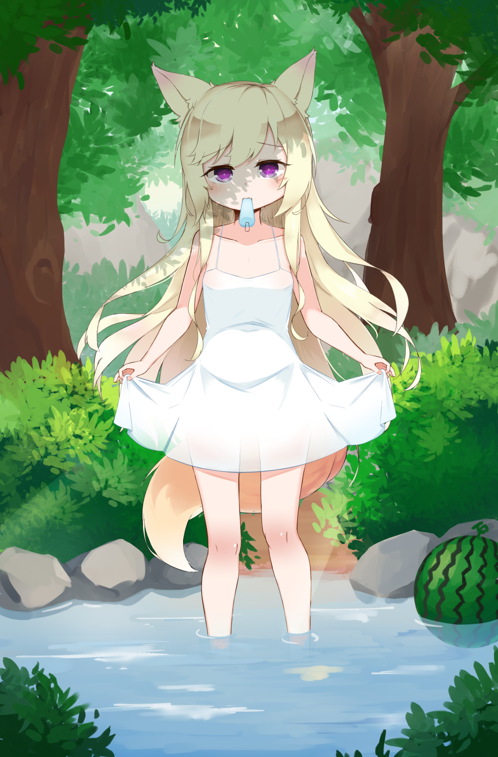 animal_ears banned_artist blonde_hair commentary cp00 dog_ears dog_tail dress dress_lift flat_chest food forest fruit hat highres lifted_by_self long_hair mouth_hold nature original outdoors popsicle purple_eyes solo sundress tail tree wading water watermelon white_dress