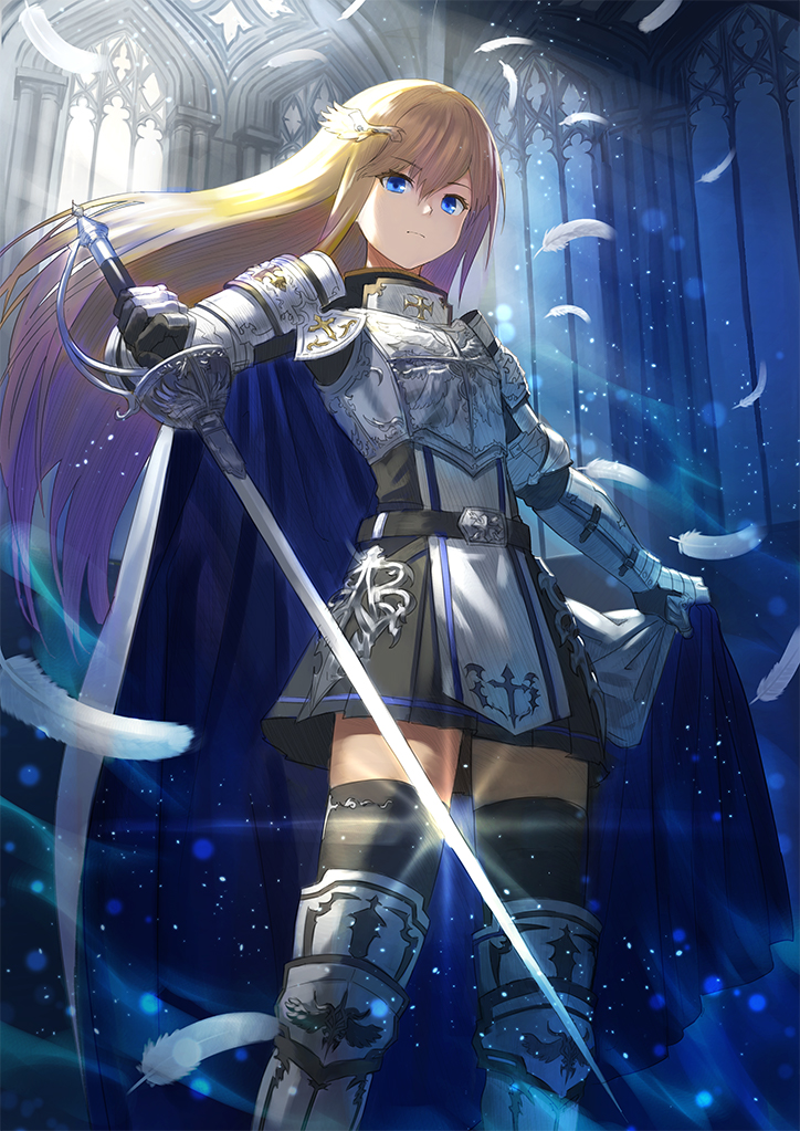 armored_boots bangs black_legwear black_shirt black_skirt blonde_hair blue_cape blue_eyes boots breastplate cape cape_hold capelet closed_mouth commentary_request eyebrows_visible_through_hair feathers floating_hair gauntlets hair_between_eyes hair_ornament holding holding_sword holding_weapon indoors long_hair looking_at_viewer multicolored multicolored_cape multicolored_clothes original pleated_skirt saber_(weapon) shirt skirt solo standing sword thighhighs very_long_hair wasabi60 weapon white_capelet white_feathers