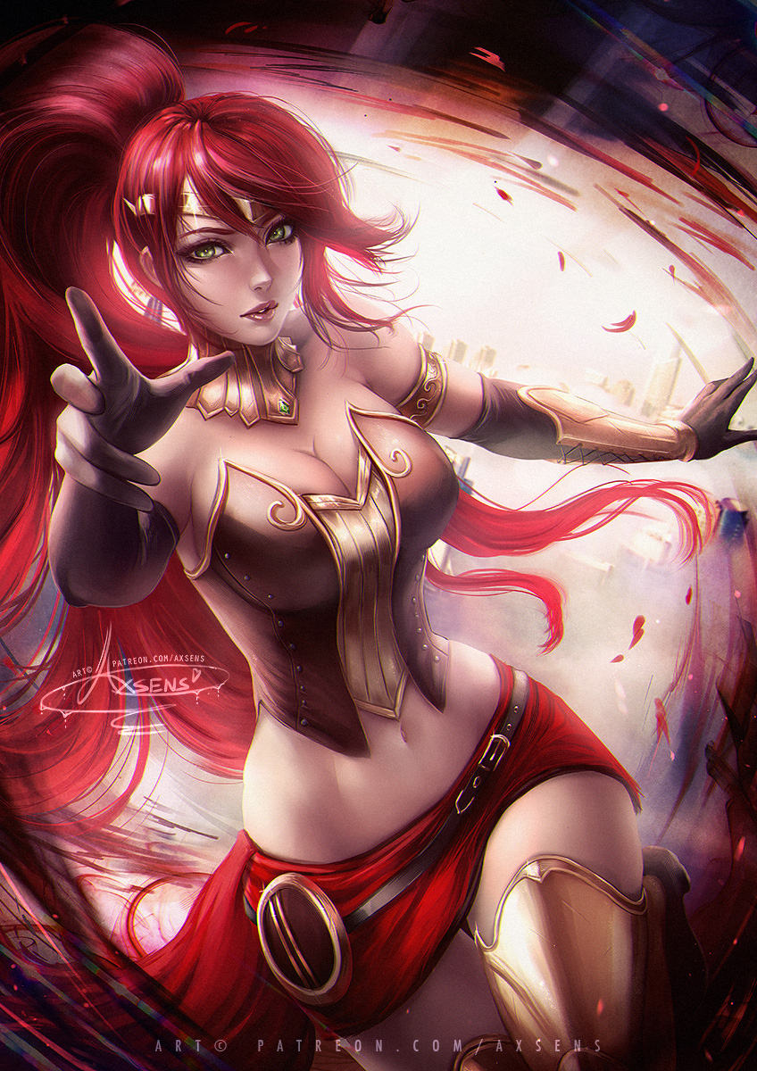 alexandra_mae banned_artist boots bracer breasts bustier cleavage elbow_gloves gloves green_eyes highres large_breasts long_hair navel ponytail pyrrha_nikos realistic red_hair rwby signature thigh_boots thighhighs tiara very_long_hair zettai_ryouiki