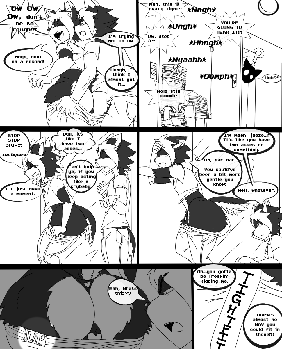 anthro big_butt brothers bulge butt canine clothing comic desi dialogue dog duke_(thecon) girly hi_res mammal sex_noises sibling thecon thick_thighs thong