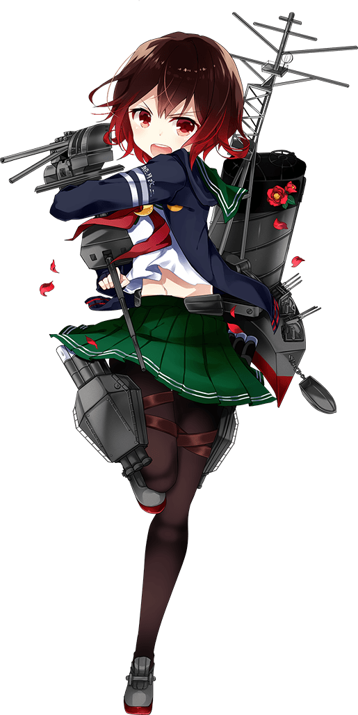 brown_hair cannon full_body gradient_hair kantai_collection kusada_souta loafers multicolored_hair mutsuki_(kantai_collection) official_art open_mouth pantyhose petals pleated_skirt red_hair remodel_(kantai_collection) rose_petals school_uniform serafuku shoes short_hair skirt smokestack solo transparent_background turret