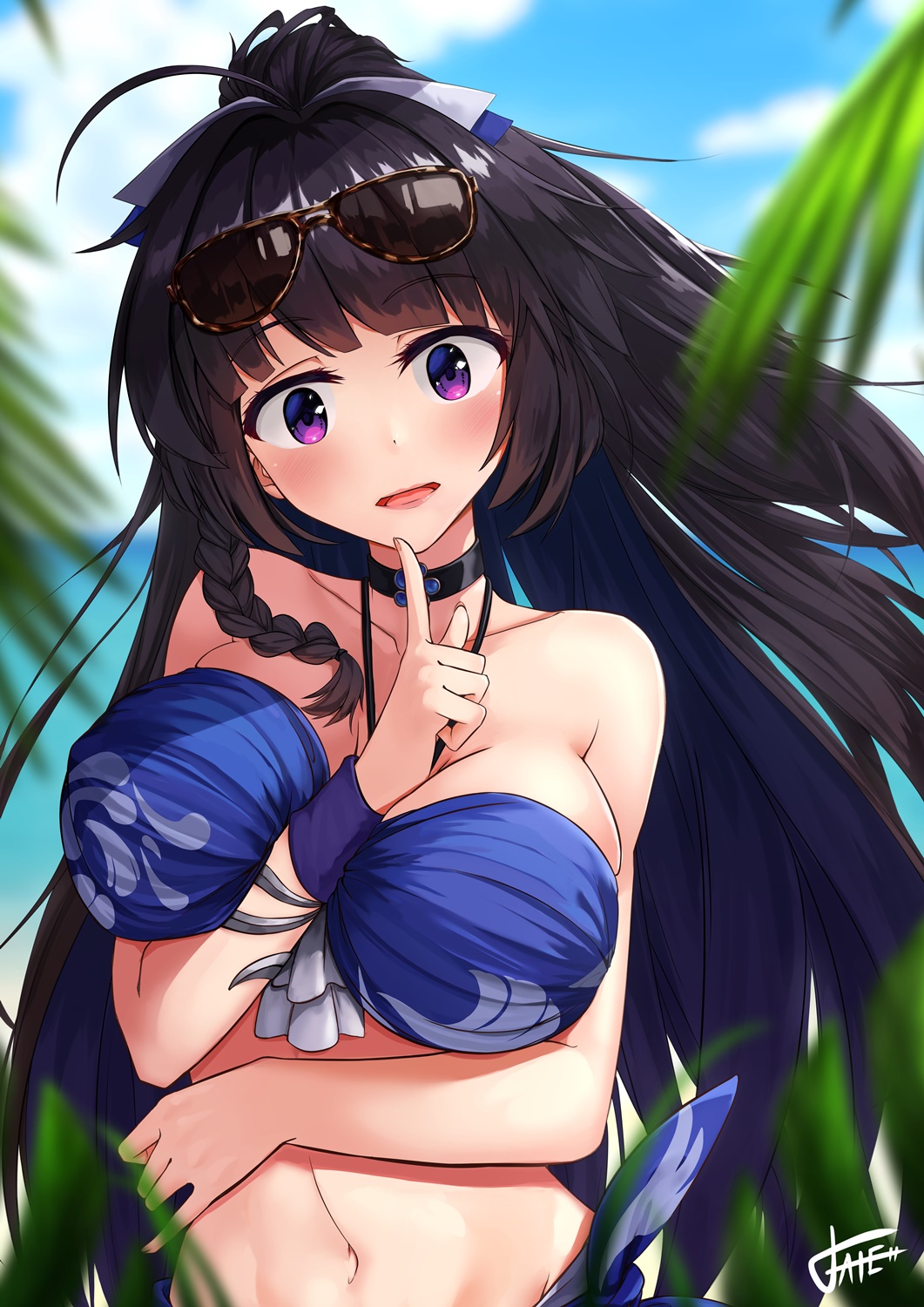 1girl arm_across_waist bangs bare_shoulders bikini blue_bikini blue_sky blurry blurry_background blurry_foreground blush bow braid breasts choker cleavage cloud collarbone day depth_of_field ekusufeito eyewear_on_head hair_ornament halter_top halterneck hand_up head_tilt highres honkai_impact large_breasts long_hair looking_at_viewer navel outdoors palm_tree ponytail purple_eyes purple_hair raiden_mei sarong side_braid sidelocks signature sky smile solo stomach sunglasses swimsuit tree upper_body very_long_hair