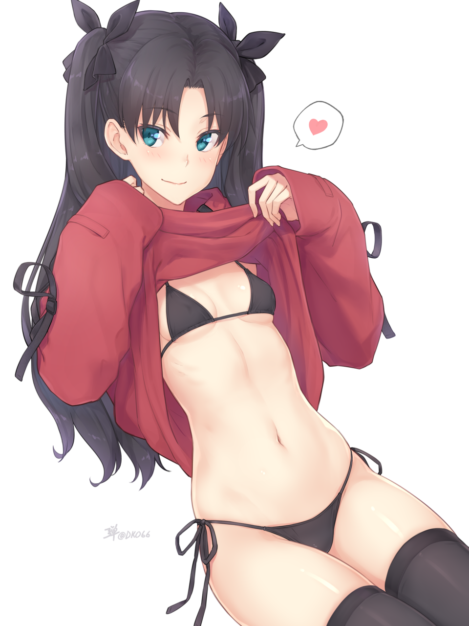 1girl bangs bikini black_bikini black_hair black_legwear black_ribbon blue_eyes blush breasts closed_mouth commentary_request cowboy_shot dan_(kumadan) eyebrows_visible_through_hair fate/stay_night fate_(series) groin hair_ribbon heart highres long_hair long_sleeves looking_at_viewer navel parted_bangs red_shirt ribbon shirt shirt_lift side-tie_bikini simple_background sleeves_past_wrists small_breasts smile solo spoken_heart stomach swimsuit thighhighs tohsaka_rin twitter_username two_side_up white_background