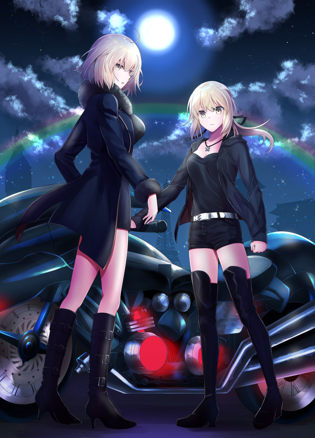 ahoge artoria_pendragon_(all) belt black_dress black_footwear black_jacket black_ribbon black_shirt black_shorts blonde_hair boots breasts cleavage cloud collarbone dress eiffel_tower eyebrows_visible_through_hair fate/grand_order fate_(series) floating_hair full_body full_moon fur_trim ground_vehicle hair_ribbon high_heel_boots high_heels hood hooded_jacket jacket jeanne_d'arc_(alter)_(fate) jeanne_d'arc_(fate)_(all) jewelry knee_boots long_hair medium_breasts meet moon motor_vehicle motorcycle multiple_girls necklace night open_clothes open_jacket outdoors ponytail rainbow ribbon saber_alter shirt short_dress short_hair short_shorts shorts standing thigh_boots thighhighs