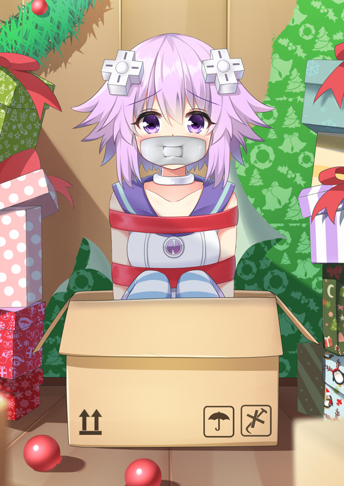 1girl agung_syaeful_anwar blush box choker christmas collarbone d-pad d-pad_hair_ornament gagged gift hair_between_eyes hair_ornament hood hooded_jacket in_box in_container indoors jacket knees_up looking_at_viewer neptune_(choujigen_game_neptune) neptune_(series) purple_eyes purple_hair red_ribbon restrained ribbon short_hair sitting sleeveless_jacket solo striped striped_legwear thighhighs white_choker