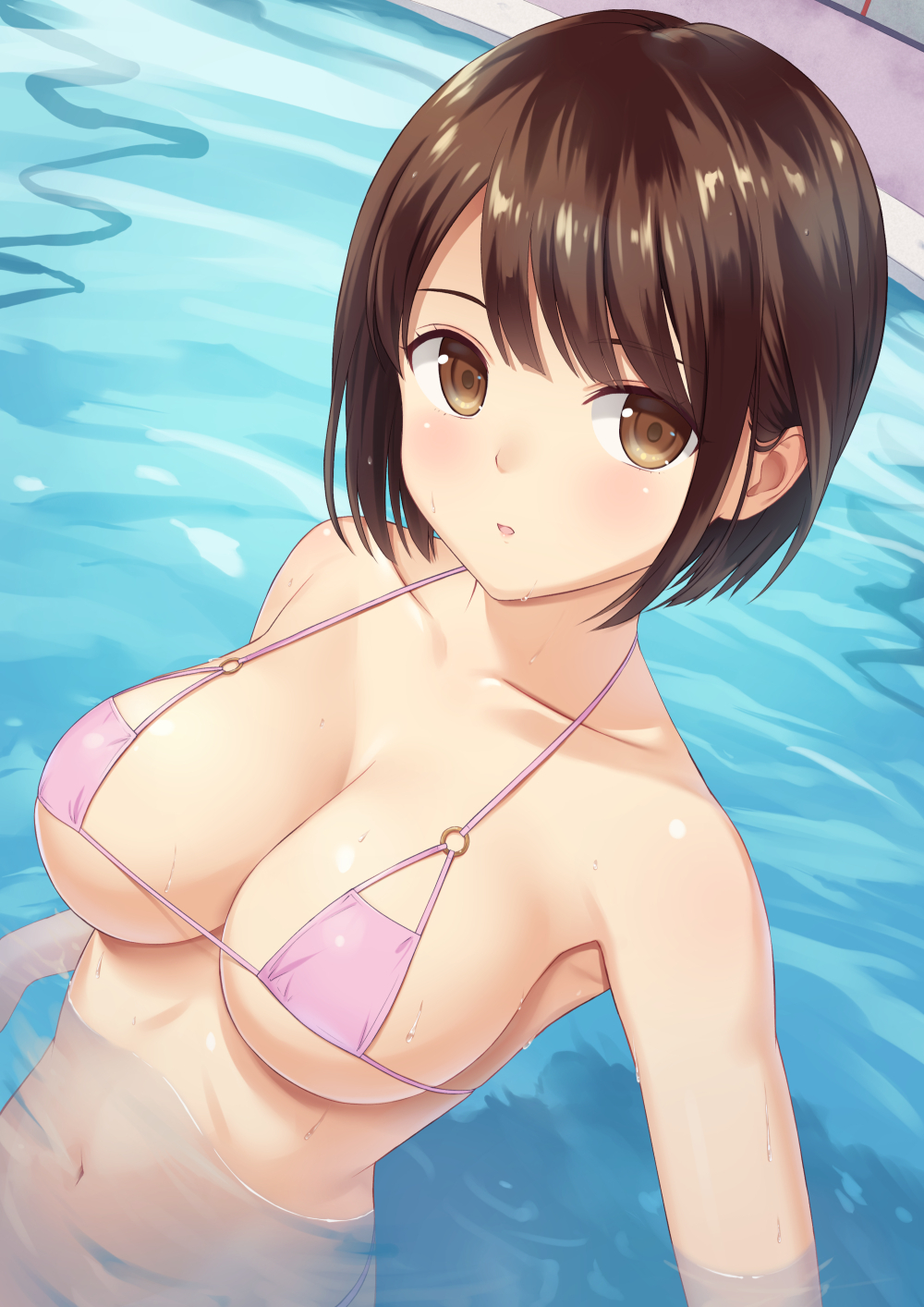 banned_artist bikini breasts brown_eyes brown_hair cleavage collarbone from_above halterneck highres large_breasts looking_at_viewer n.g. navel o-ring o-ring_bikini o-ring_top original outdoors parted_lips partially_submerged pink_bikini short_hair solo string_bikini swimsuit water wet