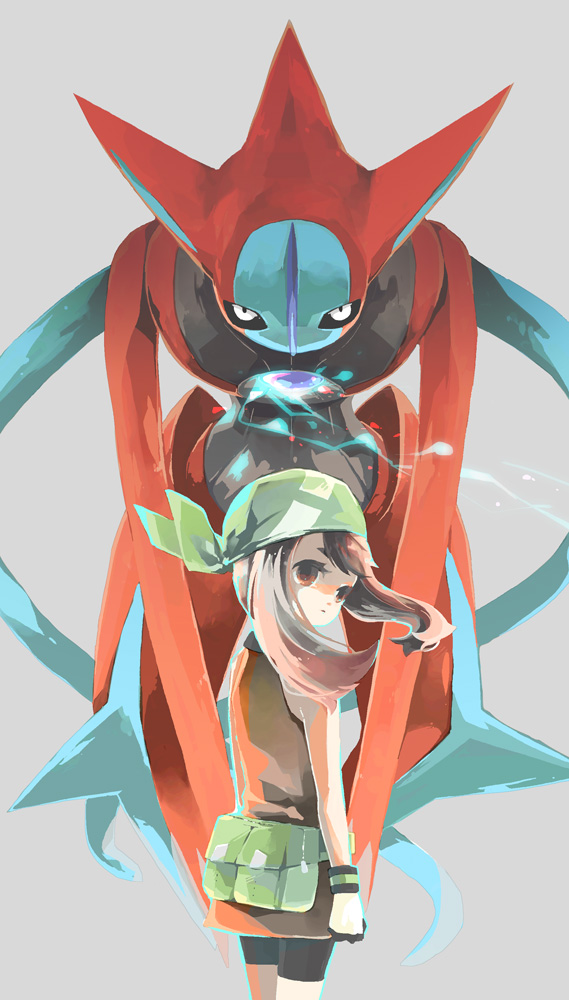 2017 ambiguous_gender bag bandanna brown_eyes brown_hair clothed clothing deoxys deoxys_(attack_form) digital_media_(artwork) digital_painting_(artwork) duo energy female gloves grey_background hair human kan_meow legendary_pok&eacute;mon looking_at_viewer looking_back mammal may_(pok&eacute;mon) nintendo not_furry pok&eacute;mon pok&eacute;mon_(species) red_body simple_background video_games