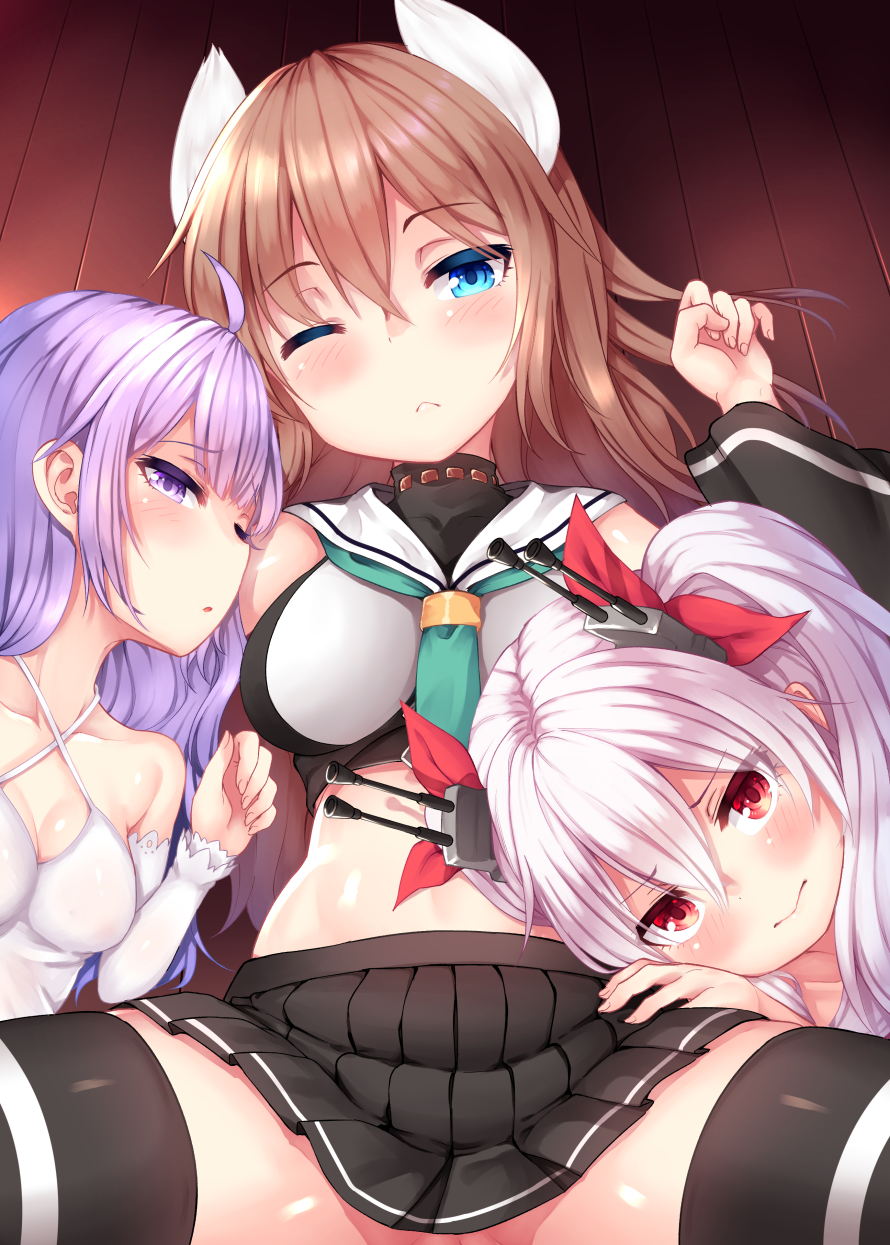 azur_lane bangs bare_shoulders binsen black_legwear black_skirt blue_eyes blue_neckwear blush bow breasts brown_hair closed_mouth comiket_94 commentary_request dress fingernails furutaka_(azur_lane) hair_bow hair_ornament hair_spread_out highres horns long_hair long_sleeves looking_at_viewer lying medium_breasts midriff miniskirt multiple_girls necktie no_panties on_back one_eye_closed out-of-frame_censoring parted_lips pink_hair pleated_skirt purple_eyes purple_hair red_bow red_eyes sailor_collar school_uniform serafuku single_horizontal_stripe skirt small_breasts thighhighs twintails unicorn_(azur_lane) vampire_(azur_lane) white_dress white_sailor_collar