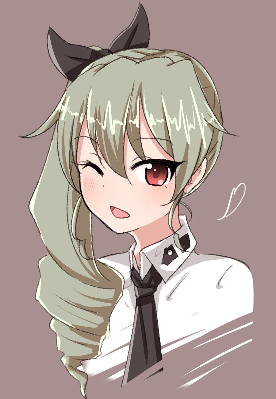 alternate_hairstyle anchovy anzio_school_uniform bangs black_neckwear black_ribbon blush brown_background chawan_(yultutari) commentary cropped_torso dress_shirt drill_hair eyebrows_visible_through_hair girls_und_panzer green_hair hair_over_one_eye hair_ribbon heart highres long_hair long_sleeves looking_at_viewer necktie one_eye_closed open_mouth portrait red_eyes ribbon school_uniform shirt side_drill side_ponytail simple_background smile solo white_shirt