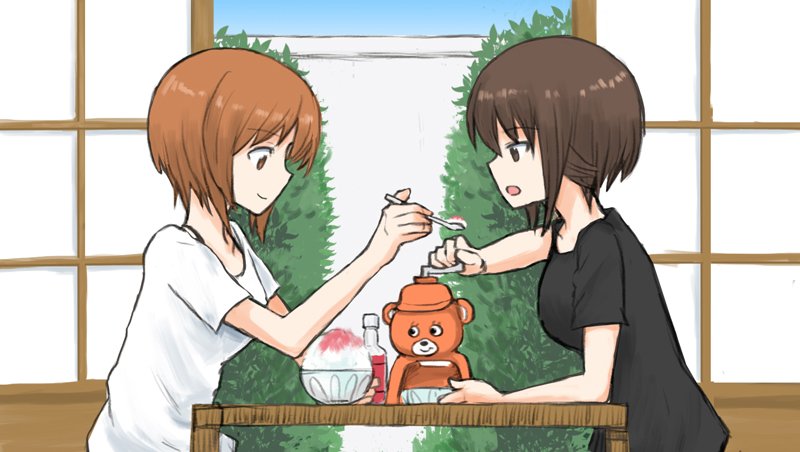 brown_eyes brown_hair casual feeding girls_und_panzer multiple_girls mutsu_(layergreen) nishizumi_maho nishizumi_miho shaved_ice short_hair shouji siblings sisters sliding_doors table