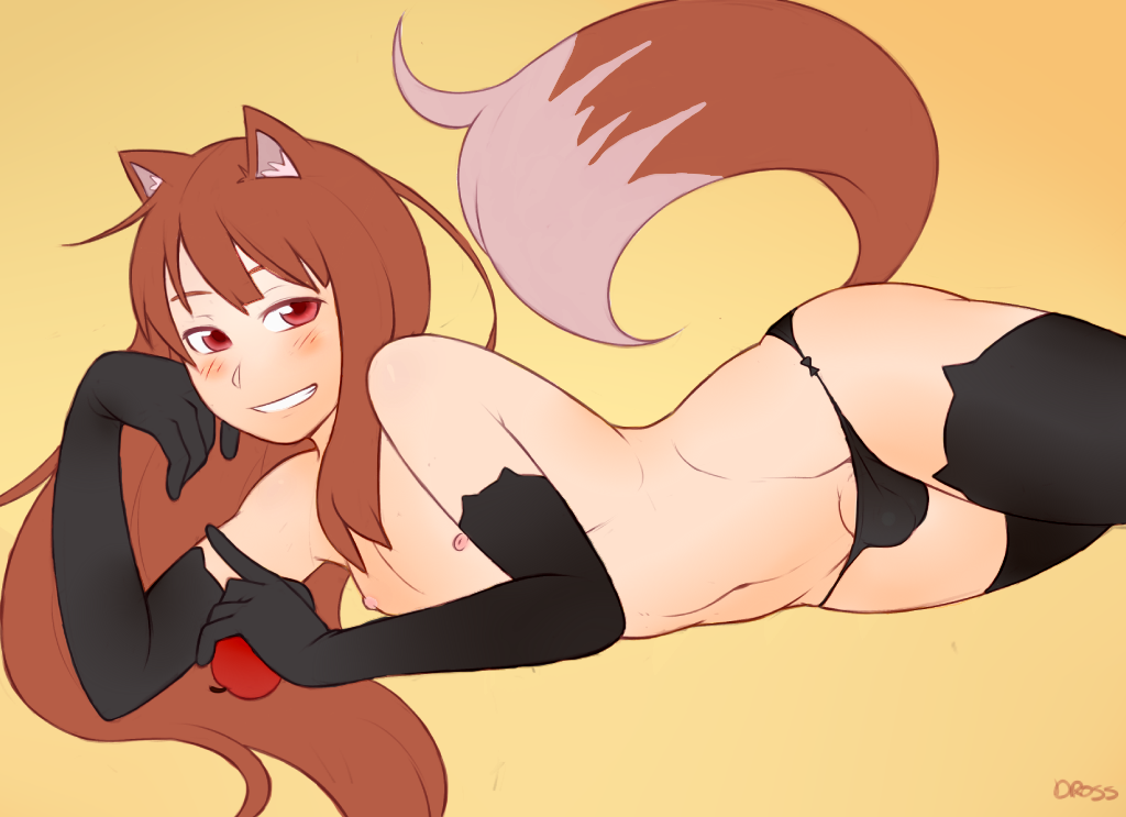 2018 animal_humanoid animal_tail armwear balls_in_panties blush bulge canine clothing crossgender dross elbow_gloves erect_nipples girly gloves grin hair holding_object horo humanoid leggings legwear looking_at_viewer lying male mammal navel nipples panties pawtsun penis penis_base simple_background smile solo spice_and_wolf underwear white_background wolf_humanoid wolf_tail