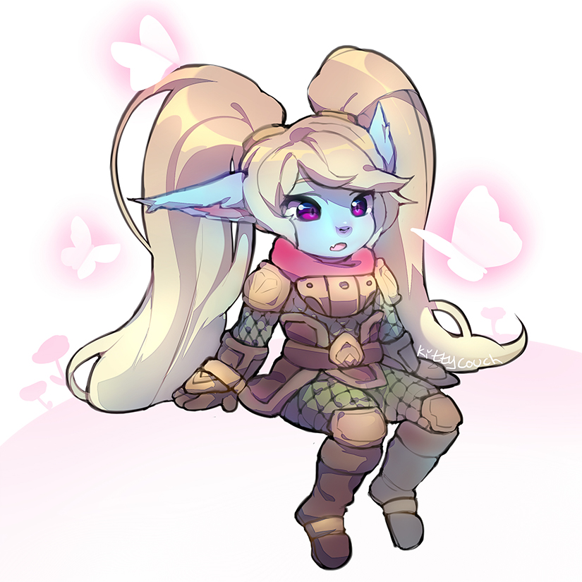 blonde_hair female hair humanoid kittycouch league_of_legends mammal not_furry pigtails pink_eyes pointy_ears poppy_(lol) riot_games sitting solo video_games yordle