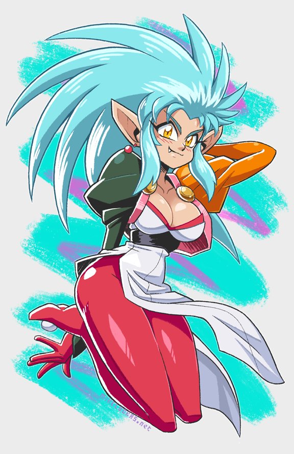 artist_name big_hair blue_hair breasts cleavage collarbone cropped_jacket dress earrings fang floating hand_behind_head jazz_pattern jewelry large_breasts large_ears leggings legs_folded looking_at_viewer md5_mismatch mike_luckas multicolored multicolored_clothes pointy_ears ryouko_(tenchi_muyou!) sidelocks smile spiked_hair tenchi_muyou! watermark web_address yellow_eyes