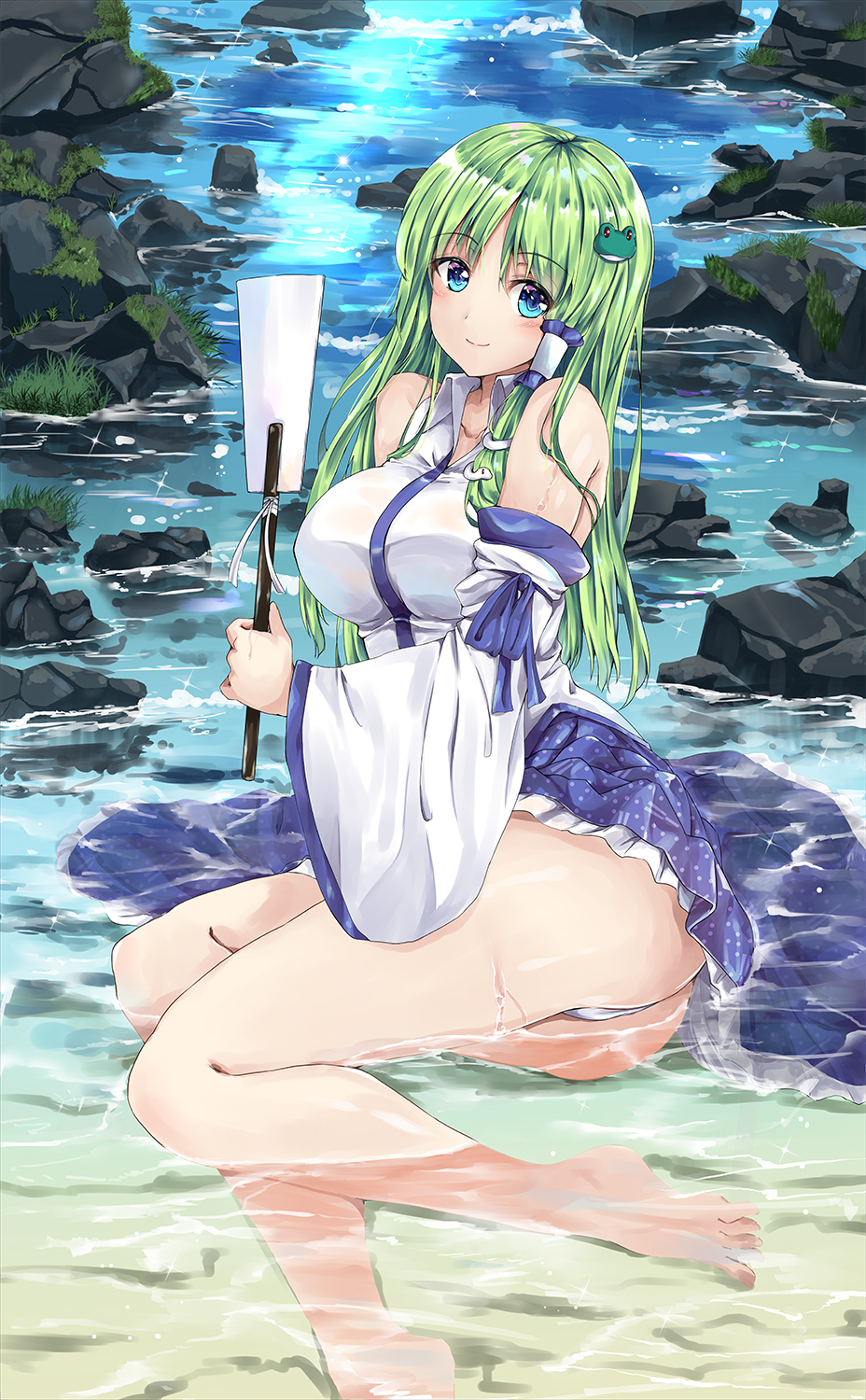 ass blue_eyes blue_skirt breasts collared_shirt detached_sleeves eyebrows_visible_through_hair frog_hair_ornament fule full_body gohei green_hair hair_ornament hair_tubes highres japanese_clothes kochiya_sanae large_breasts long_hair long_skirt looking_at_viewer miko nontraditional_miko outdoors rock shirt sitting skirt sleeveless sleeveless_shirt smile snake_hair_ornament solo thighs touhou water white_shirt wide_sleeves