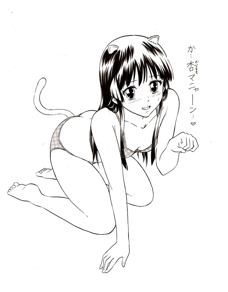 1girl all_fours animal_ears arm_support ass barefoot bikini black_hair blush breasts butt_crack cat_ears cleavage full_body heart long_hair looking_at_viewer medium_breasts monochrome open_mouth original posterior_cleavage simple_background smile solo swimsuit tail text_focus translation_request white_background yabuno_zoku_hisa