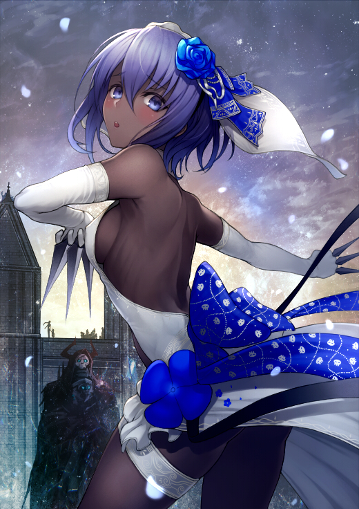 1girl :o alternate_costume ass banned_artist blue_flower blue_rose blush breasts commentary_request dark_skin dress elbow_gloves fate/grand_order fate_(series) flower gloves hair_flower hair_ornament hair_ribbon hassan_of_serenity_(fate) helmet horned_helmet king_hassan_(fate/grand_order) knife kyoeiki looking_at_viewer looking_back medium_breasts purple_eyes purple_hair ribbon rose short_hair sideboob skull_mask solo_focus thigh_strap throwing_knife weapon white_dress white_gloves
