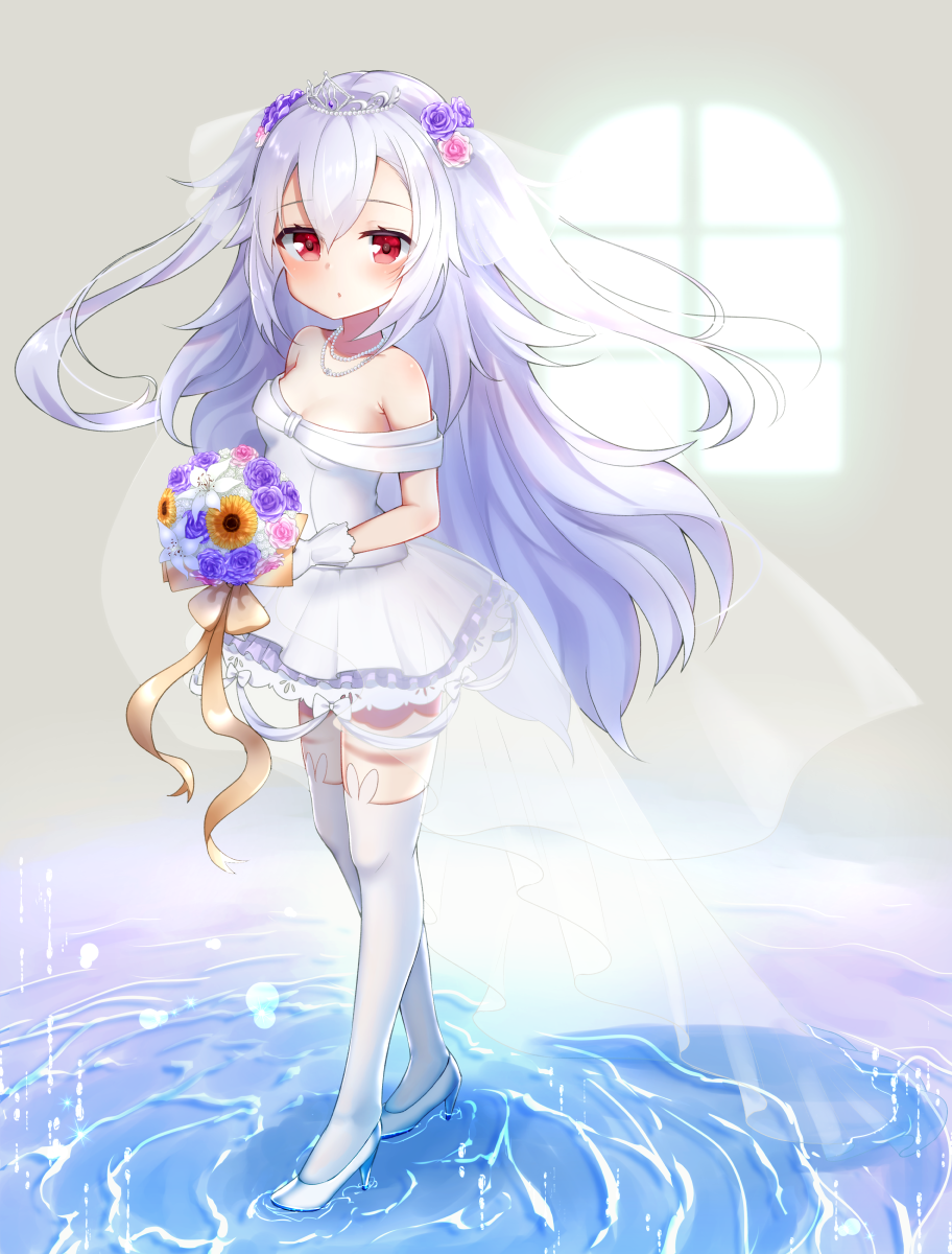 animal_band_legwear azur_lane bangs bare_shoulders blush bouquet bow breasts brown_bow brown_ribbon bunny_band_legwear commentary_request day dress eyebrows_visible_through_hair flower gloves hair_between_eyes hair_flower hair_ornament high_heels highres holding holding_bouquet jewelry koko_ne_(user_fpm6842) laffey_(azur_lane) long_hair looking_at_viewer necklace off-shoulder_dress off_shoulder parted_lips pearl_necklace pink_flower pink_rose purple_flower purple_rose red_eyes ribbon rose see-through shoes silver_hair small_breasts solo standing sunflower sunlight very_long_hair water white_dress white_flower white_footwear white_gloves white_legwear window yellow_flower