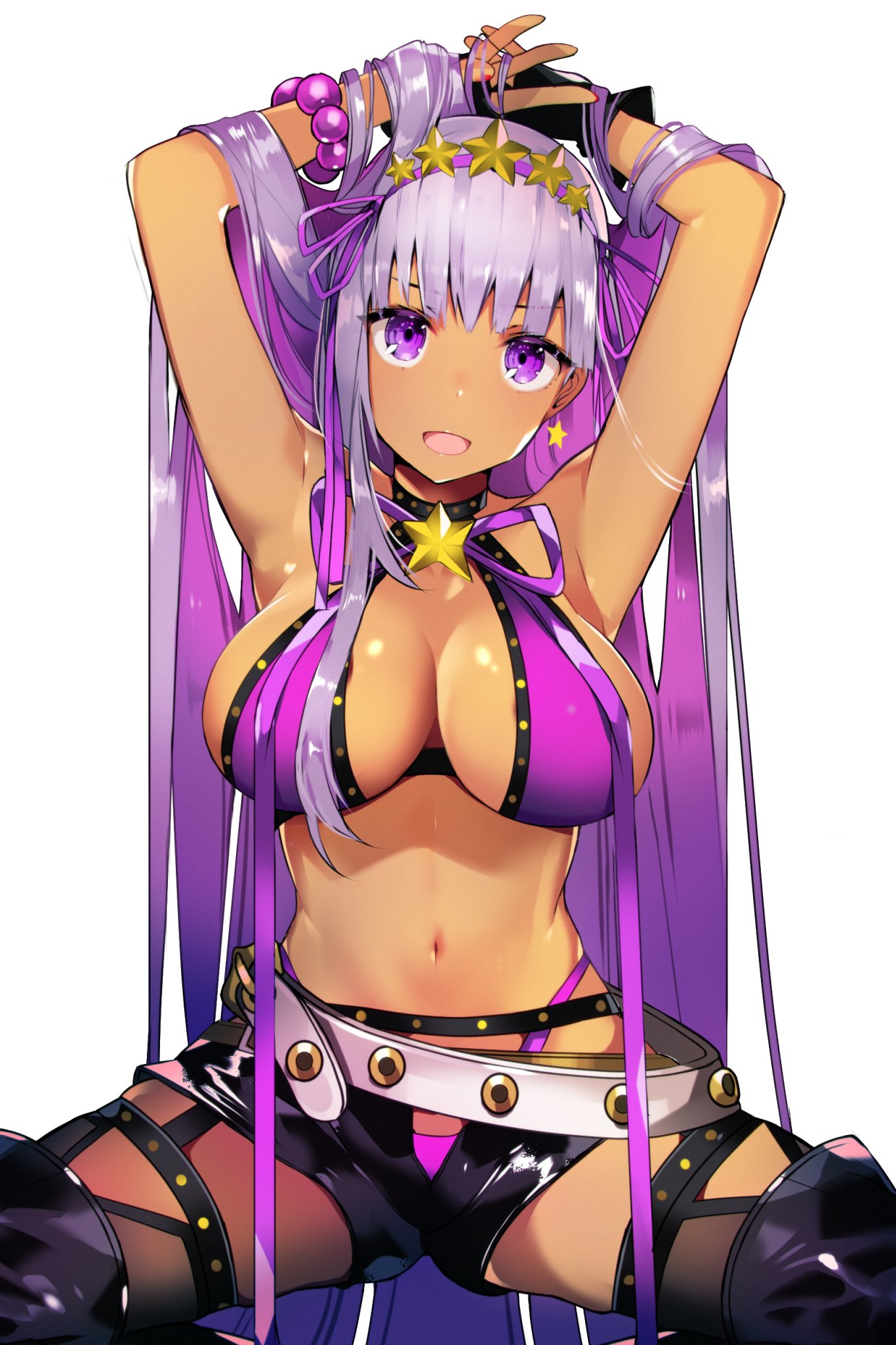 arms_up banned_artist bb_(fate)_(all) bb_(swimsuit_mooncancer)_(fate) bead_bracelet beads bikini black_footwear black_garter_belt black_gloves blush boots bracelet breasts earrings fate/grand_order fate_(series) fingerless_gloves garter_belt gloves hair_ornament highres jewelry large_breasts long_hair looking_at_viewer navel open_mouth purple_bikini purple_eyes purple_hair short_shorts shorts simple_background sitting smile solo star star_earrings star_hair_ornament studded_garter_belt swimsuit tan tetsubuta thigh_boots thighhighs very_long_hair white_background