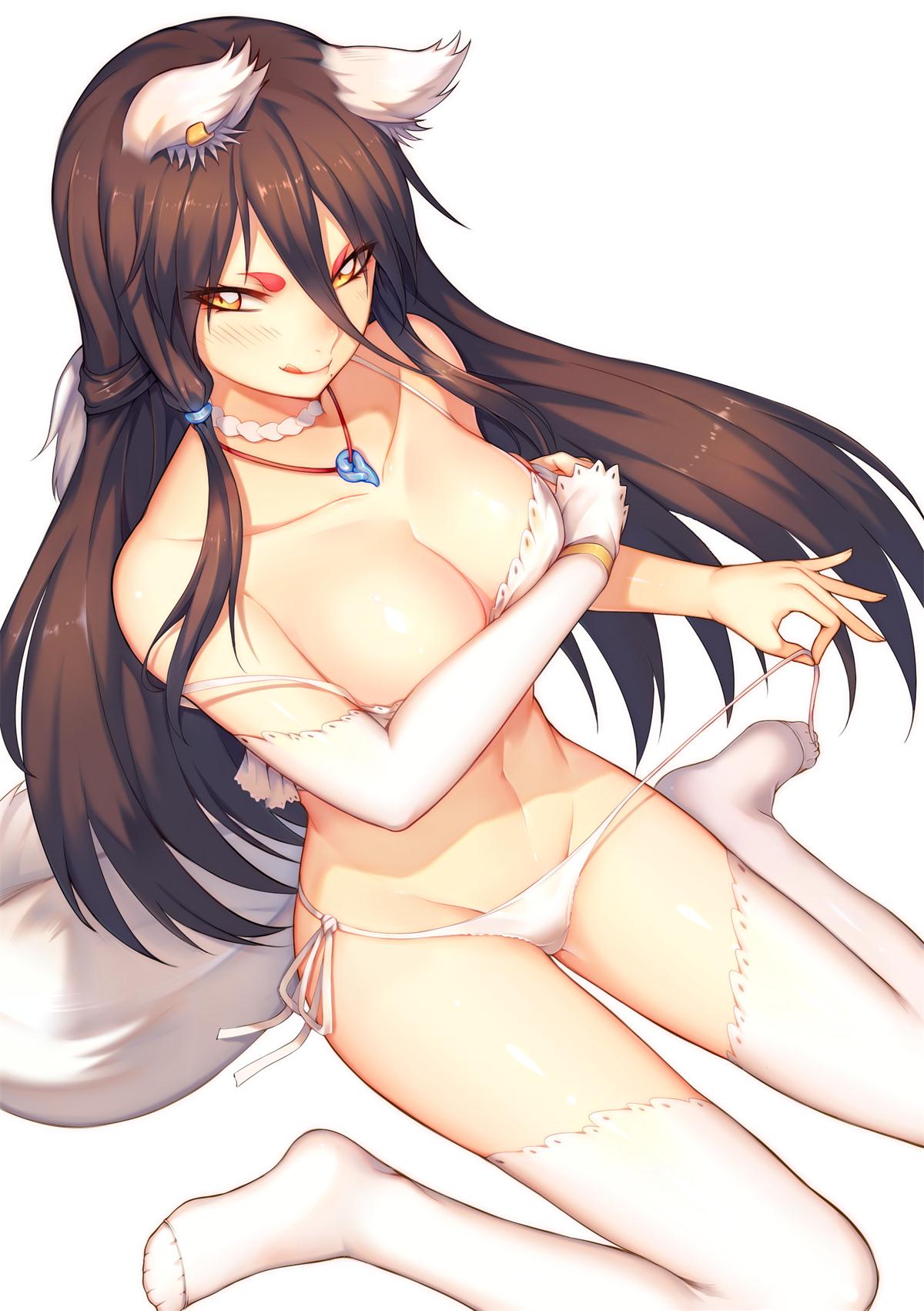:q animal_ears arm_under_breasts bare_legs bare_shoulders bikini blush breast_hold breasts brown_hair choker choukoukou_no_diaosi cleavage closed_mouth collarbone commentary_request detached_sleeves fox_ears fox_girl fox_tail from_above groin hair_tie highres jewelry large_breasts long_hair looking_at_viewer mole mole_under_mouth naughty_face necklace no_shoes original pendant ribbon side-tie_bikini sidelocks simple_background single_detached_sleeve sitting smile solo swimsuit tail thick_eyebrows thighhighs tongue tongue_out untied untied_bikini very_long_hair wariza white_background white_bikini white_choker white_legwear white_ribbon yellow_eyes