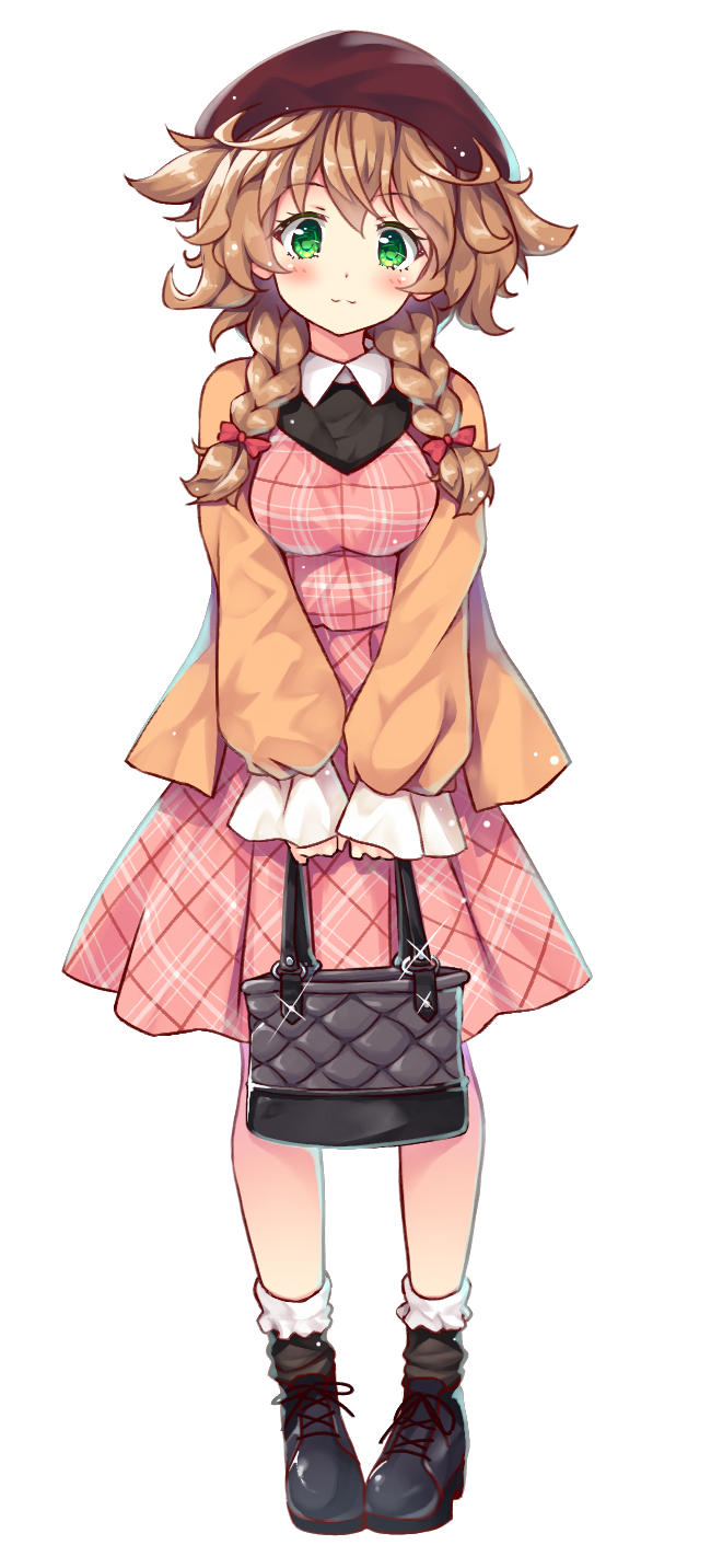 1girl alternate_costume bag bangs black_footwear blush bow braid breasts brown_hair brown_jacket closed_mouth collared_shirt dress full_body green_eyes hair_bow handbag hat highres holding_handbag jacket large_breasts long_hair long_sleeves low_twin_braids messy_hair moeki_yuuta nijisanji pink_dress red_bow shirt shoes simple_background sleeves_past_wrists smile socks solo twin_braids virtual_youtuber warabeda_meijii white_background white_legwear