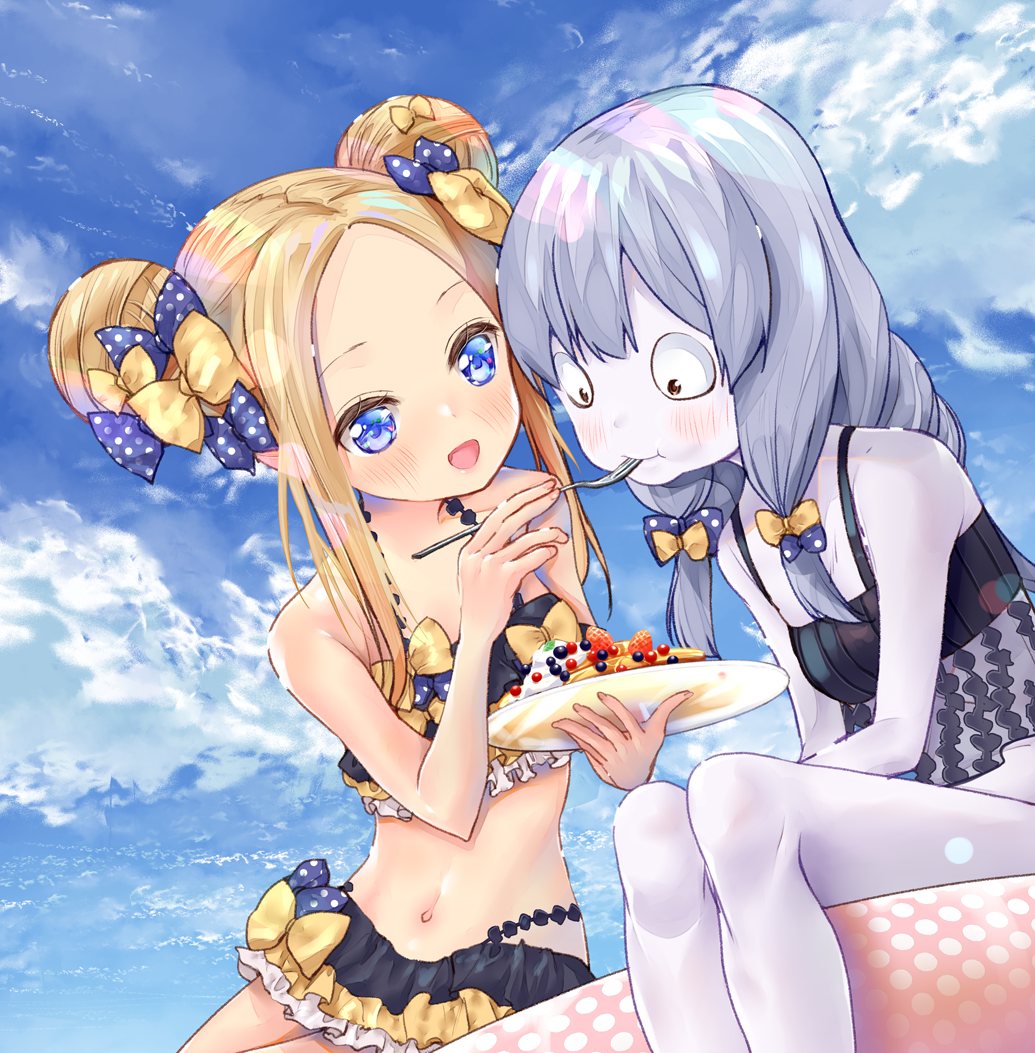 :d :t abigail_williams_(fate/grand_order) awa_(rosemarygarden) bangs bare_arms bare_shoulders bikini black_bikini blonde_hair blue_bow blue_eyes blue_sky blush bow brown_eyes closed_mouth cloud collarbone commentary_request day double_bun emerald_float fate/grand_order fate_(series) feeding fingernails food forehead fork hair_between_eyes hair_bow holding holding_fork holding_plate innertube lavinia_whateley_(fate/grand_order) long_hair looking_at_another multiple_girls navel open_mouth outdoors pale_skin parted_bangs plate polka_dot polka_dot_bow polka_dot_innertube see-through side_bun silver_hair sky smile swimsuit wide-eyed yellow_bow