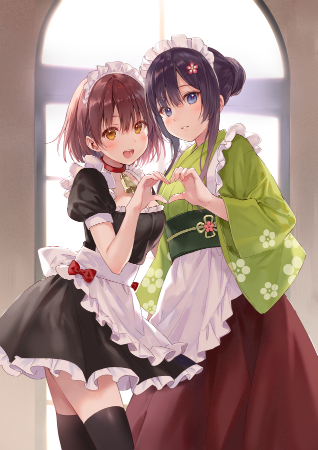 2girls :d apron backlighting bangs bell black_dress black_legwear blue_eyes blush brown_eyes brown_hair brown_skirt choker comitia commentary_request day dress eyebrows_visible_through_hair frilled_apron frills fukahire_(ruinon) green_kimono hair_between_eyes hair_bun hair_ornament heart heart_hair_ornament indoors japanese_clothes kimono long_hair long_sleeves maid maid_headdress multiple_girls obi open_mouth original puffy_short_sleeves puffy_sleeves red_choker sash short_sleeves sidelocks skirt smile sunlight thighhighs upper_teeth wa_maid waist_apron white_apron wide_sleeves window