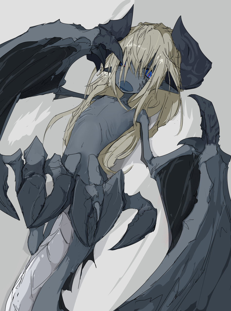 blonde_hair blue_eyes claws flat_chest grey_skin horns long_hair messy_hair monster_girl open_mouth original pointy_ears ribs skinny spino_(nebrve) tail wings