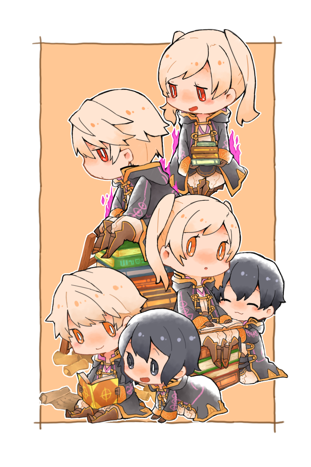 3girls all_fours black_eyes black_hair book boots chibi cloak closed_eyes commentary_request dark_persona fantasy father_and_daughter female_my_unit_(fire_emblem:_kakusei) fire fire_emblem fire_emblem:_kakusei fire_emblem_heroes gimurei gloves gold_trim highres leather leather_gloves male_my_unit_(fire_emblem:_kakusei) mark_(female)_(fire_emblem) mark_(fire_emblem) mark_(male)_(fire_emblem) mother_and_son multiple_boys multiple_girls multiple_persona my_unit_(fire_emblem:_kakusei) open_mouth orange_background orange_eyes pants purple_fire red_eyes robe scroll short_hair shunrai simple_background sitting_on_books smile twintails two-tone_background white_background white_hair