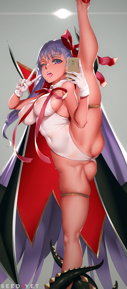 artist_name banned_artist bare_shoulders bb_(fate)_(all) bb_(swimsuit_mooncancer)_(fate) blush breasts cape cellphone covered_navel covered_nipples fate/grand_order fate_(series) gloves hair_ribbon large_breasts long_hair looking_at_viewer one-piece_swimsuit one_eye_closed open_mouth phone purple_eyes purple_hair ribbon see-through_silhouette simple_background smartphone solo split standing standing_on_one_leg standing_split swimsuit tentacles v very_long_hair viola_(seed) white_gloves white_swimsuit