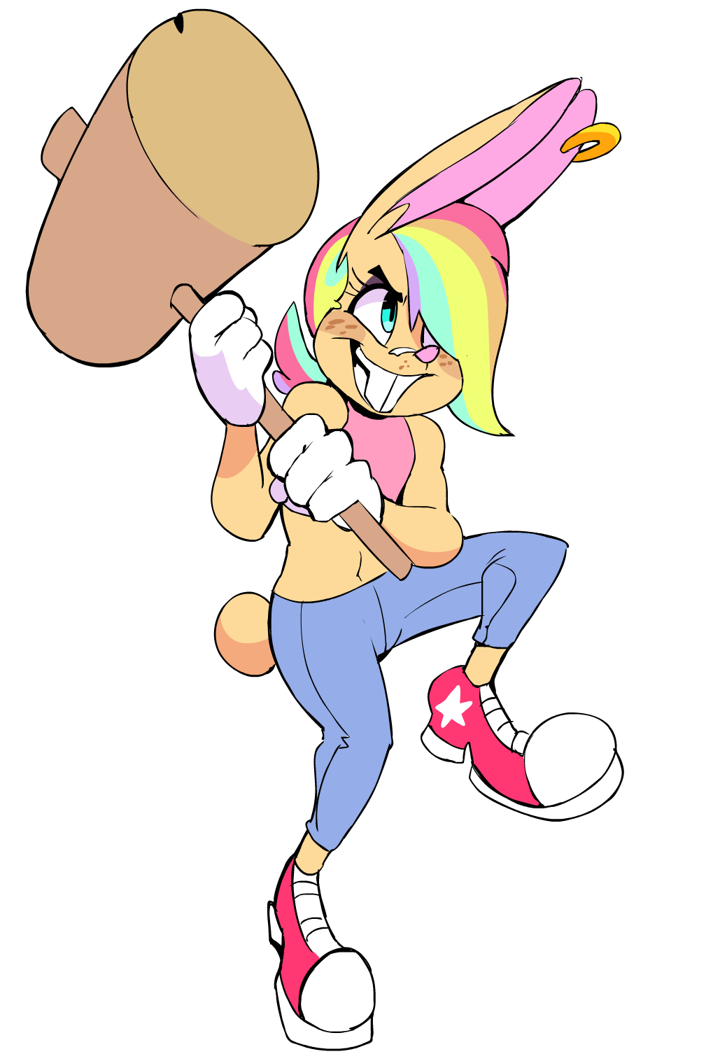 2018 alpha_channel anthro blue_eyes bonkers_(vimhomeless) clothing ear_piercing female flat_chested gloves hair hammer hi_res jeans lagomorph mammal multicolored_hair navel pants piercing rabbit rainbow_hair red_shoes shirt simple_background sneakers solo tank_top tools transparent_background vimhomeless