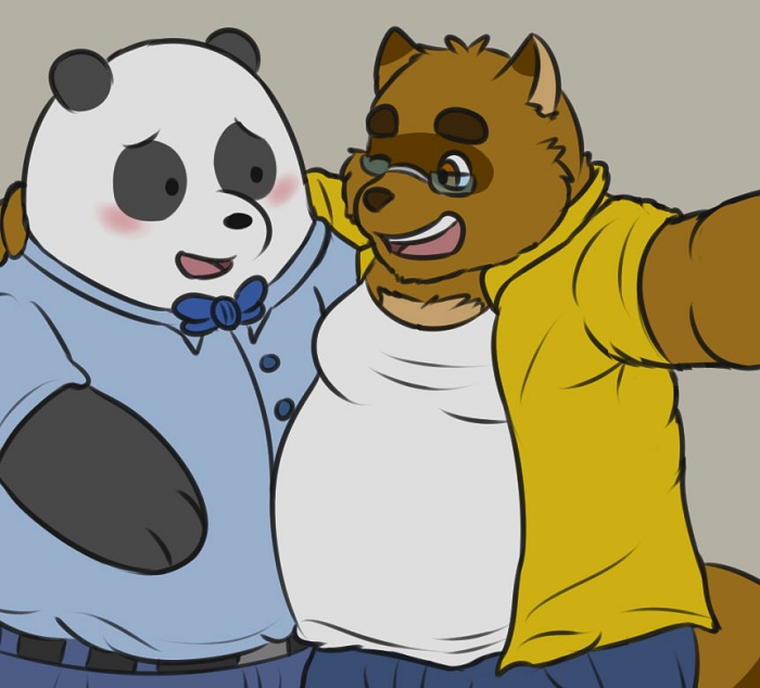 2018 anthro bear belly blush brown_fur canine cartoon_network clothed clothing duo eyewear fur glasses hug kounosuke_(morenatsu) male mammal morenatsu one_eye_closed open_shirt overweight overweight_male panda panda_(wbb) shirt tanuki thevillager we_bare_bears wink