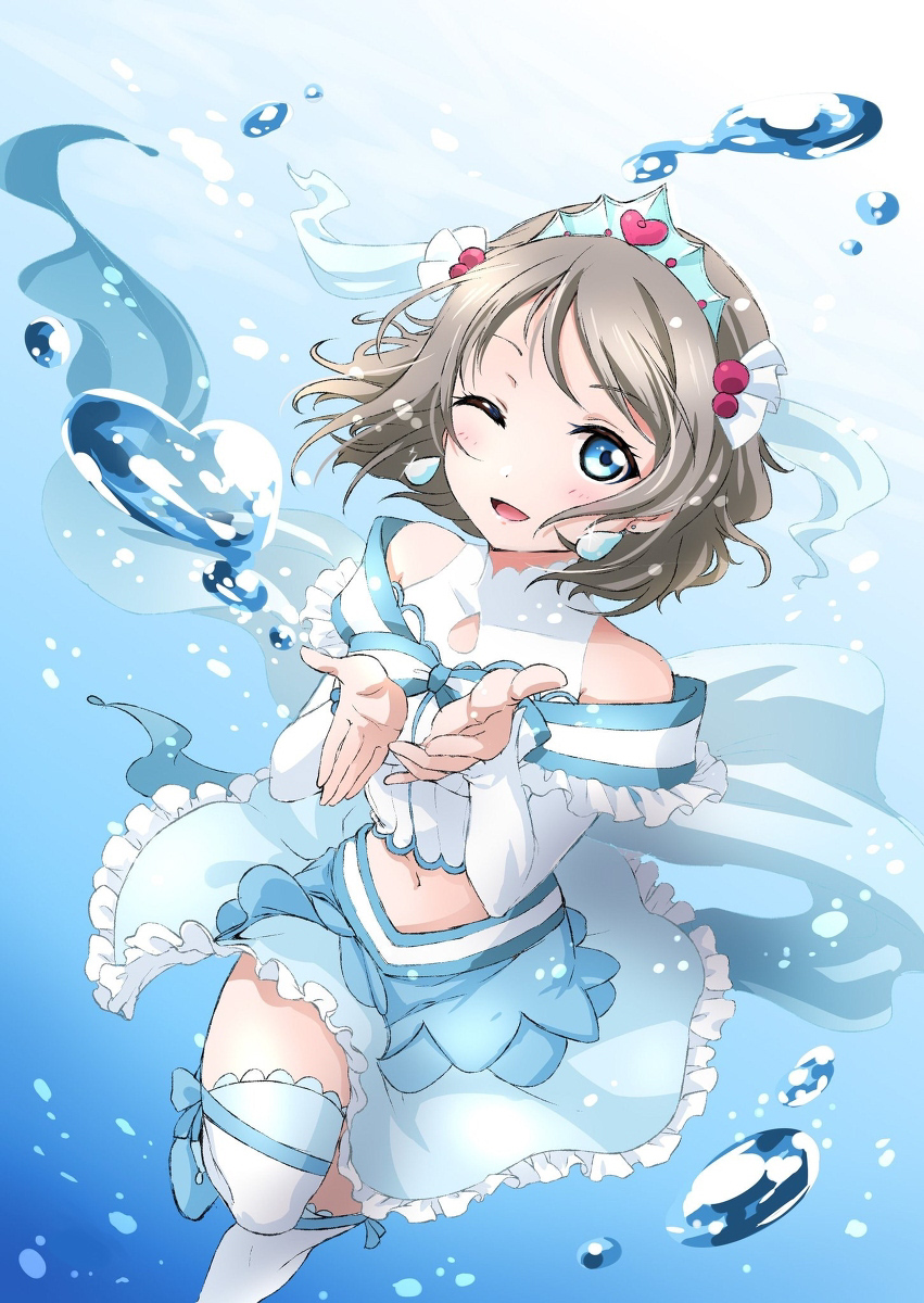 ;d bare_shoulders blue_eyes blue_footwear blue_skirt crop_top earrings eyebrows_visible_through_hair frilled_skirt frills grey_hair hansen114514 heart highres jewelry koi_ni_naritai_aquarium leg_up long_sleeves looking_at_viewer love_live! love_live!_sunshine!! navel one_eye_closed open_mouth short_hair skirt smile solo thighhighs tiara watanabe_you water white_legwear