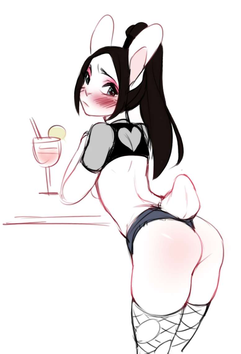 alcohol anthro beverage blue_eyes blush brown_hair butt clothed clothing cocktail crop_top female fishnet francis_(frenky_hw) frenky_hw fur hair lagomorph legwear looking_back mammal ponytail rabbit restricted_palette shirt shorts simple_background sketch skimpy solo standing stockings white_background white_fur