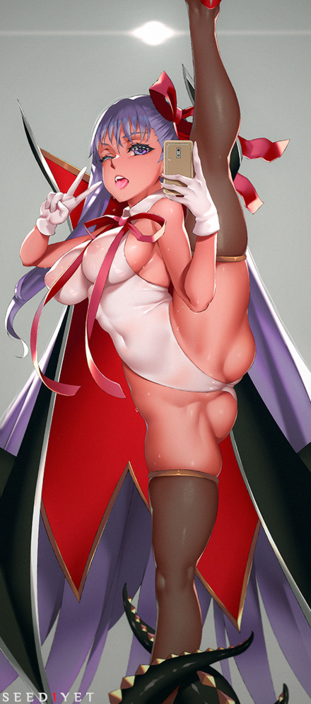 artist_name banned_artist bare_shoulders bb_(fate)_(all) bb_(swimsuit_mooncancer)_(fate) blush breasts cape cellphone covered_navel covered_nipples fate/grand_order fate_(series) gloves grey_legwear hair_ribbon large_breasts leg_lift long_hair looking_at_viewer one-piece_swimsuit one_eye_closed open_mouth phone purple_eyes purple_hair ribbon see-through_silhouette simple_background smartphone solo split standing standing_on_one_leg standing_split swimsuit tentacles thighhighs v very_long_hair viola_(seed) white_gloves white_swimsuit