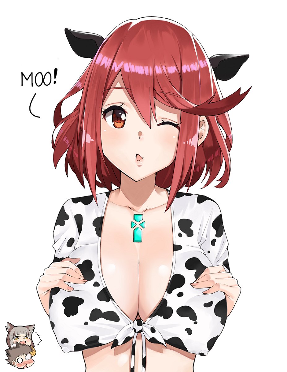 2girls animal_ears animal_print blush breast_suppress breasts chibi chibi_inset cleavage commentary covered_nipples cow_ears cow_girl cow_print english english_commentary highres homura_(xenoblade_2) j@ck large_breasts looking_at_viewer multiple_girls niyah no_bra one_eye_closed print_shirt puffy_nipples red_eyes red_hair rex_(xenoblade_2) sagging_breasts shirt short_hair simple_background solo_focus tied_shirt white_background xenoblade_(series) xenoblade_2