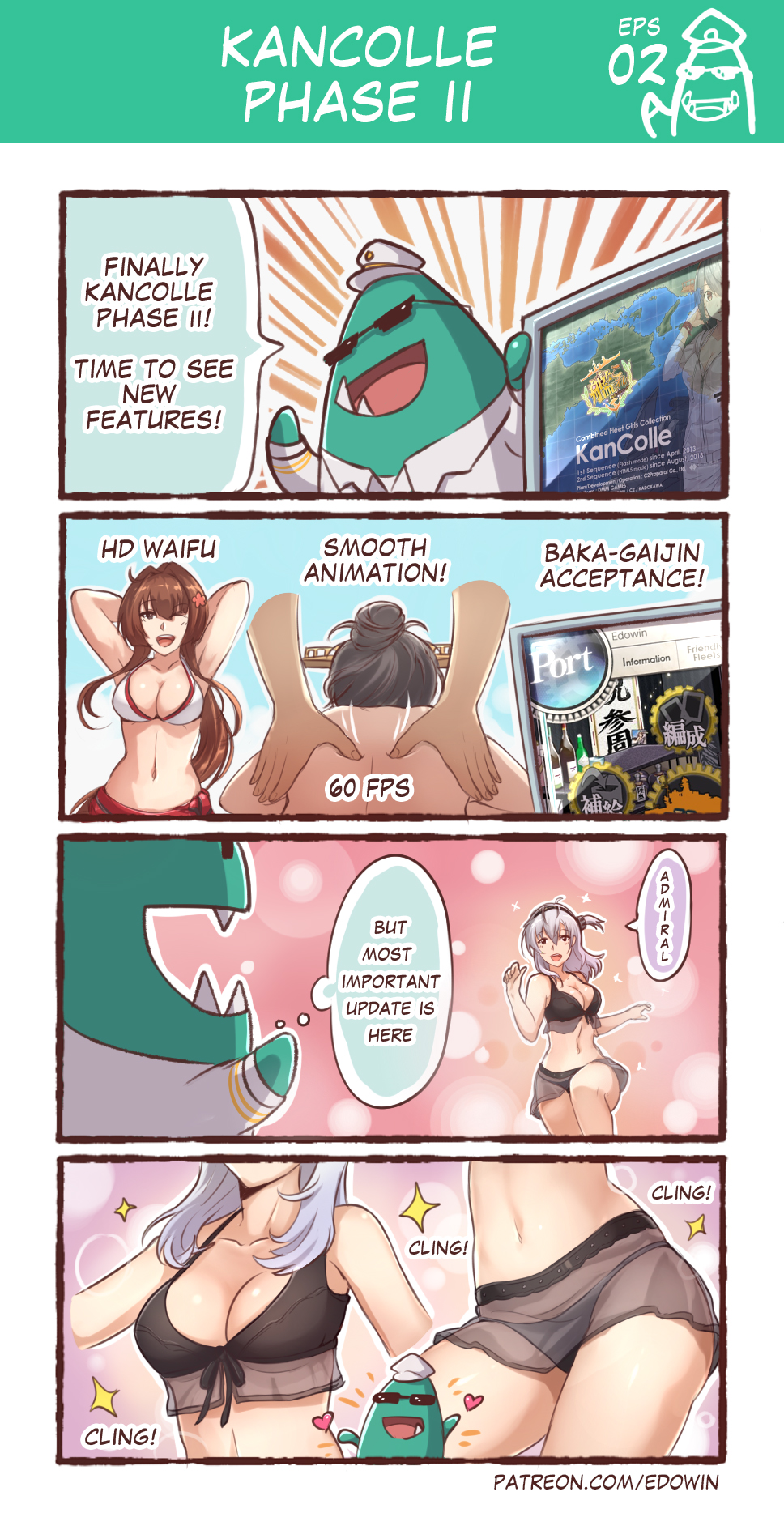 3girls 4koma admiral_(kantai_collection) bare_shoulders bikini breasts brown_eyes brown_hat comic commentary copyright_name defense_of_the_ancients dota_2 edwin_(cyberdark_impacts) english flower gameplay_mechanics grey_hair hair_bun hair_flower hair_ornament hair_up haruna_(kantai_collection) hat heart highres kantai_collection large_breasts long_sleeves multiple_girls open_mouth peaked_cap side_ponytail smile sparkle sunglasses suzutsuki_(kantai_collection) swimsuit teeth tidehunter yamato_(kantai_collection)