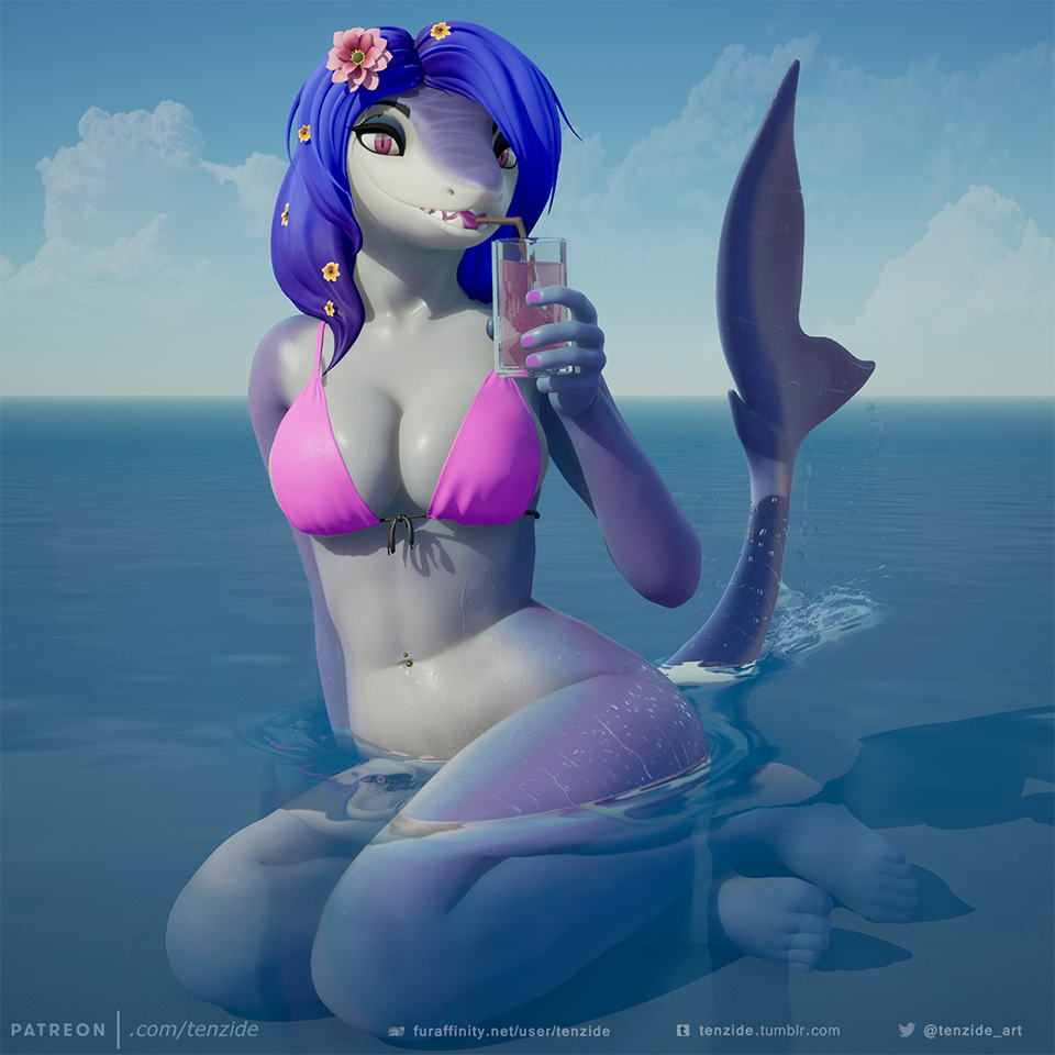 3d_(artwork) anthro beverage bikini breasts clothing dahlia-shark digital_media_(artwork) female fish marine naval_piercing shark sitting solo straw swimsuit tenzide