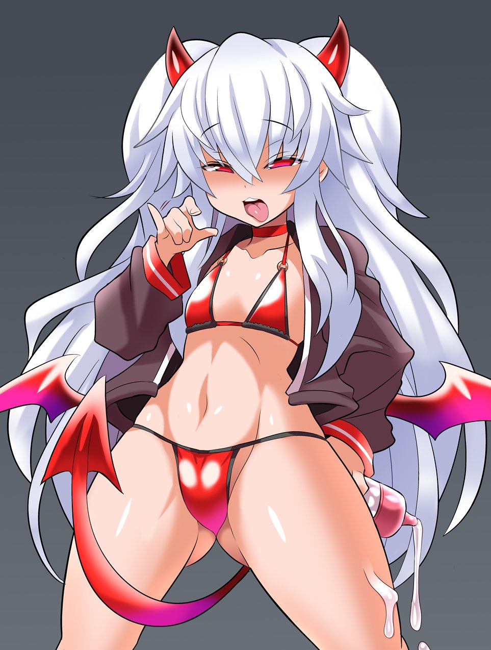 albino ass_visible_through_thighs bangs between_legs bikini black_background brown_jacket choker collarbone commentary_request dark_persona demon_girl demon_horns demon_tail demon_wings evo_grim eyebrows_visible_through_hair fellatio_gesture flat_chest gradient_horns grim_aloe groin hair_between_eyes half-closed_eyes highres horns jacket konno_tohiro legs_apart long_hair long_sleeves looking_at_viewer low_wings lube motion_lines naughty_face navel o-ring o-ring_bikini o-ring_top open_clothes open_jacket open_mouth quiz_magic_academy quiz_magic_academy_the_world_evolve red_bikini red_choker red_eyes red_horns red_tail red_wings shiny shiny_skin sidelocks simple_background solo standing stomach swimsuit tail tongue tongue_out twintails upper_teeth very_long_hair white_hair wings