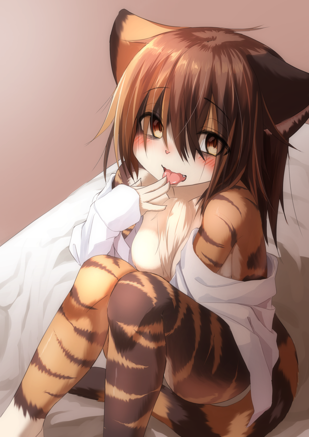 2018 5_fingers akamu_ver20 anthro bed blush breasts brown_fur calico_cat cat chest_tuft clothed clothing feline female finger_lick fur hair kemono licking looking_at_viewer looking_up mammal multicolored_fur multicolored_hair on_bed open_shirt shirt sitting slit_pupils solo tongue tongue_out tuft white_fur yellow_eyes