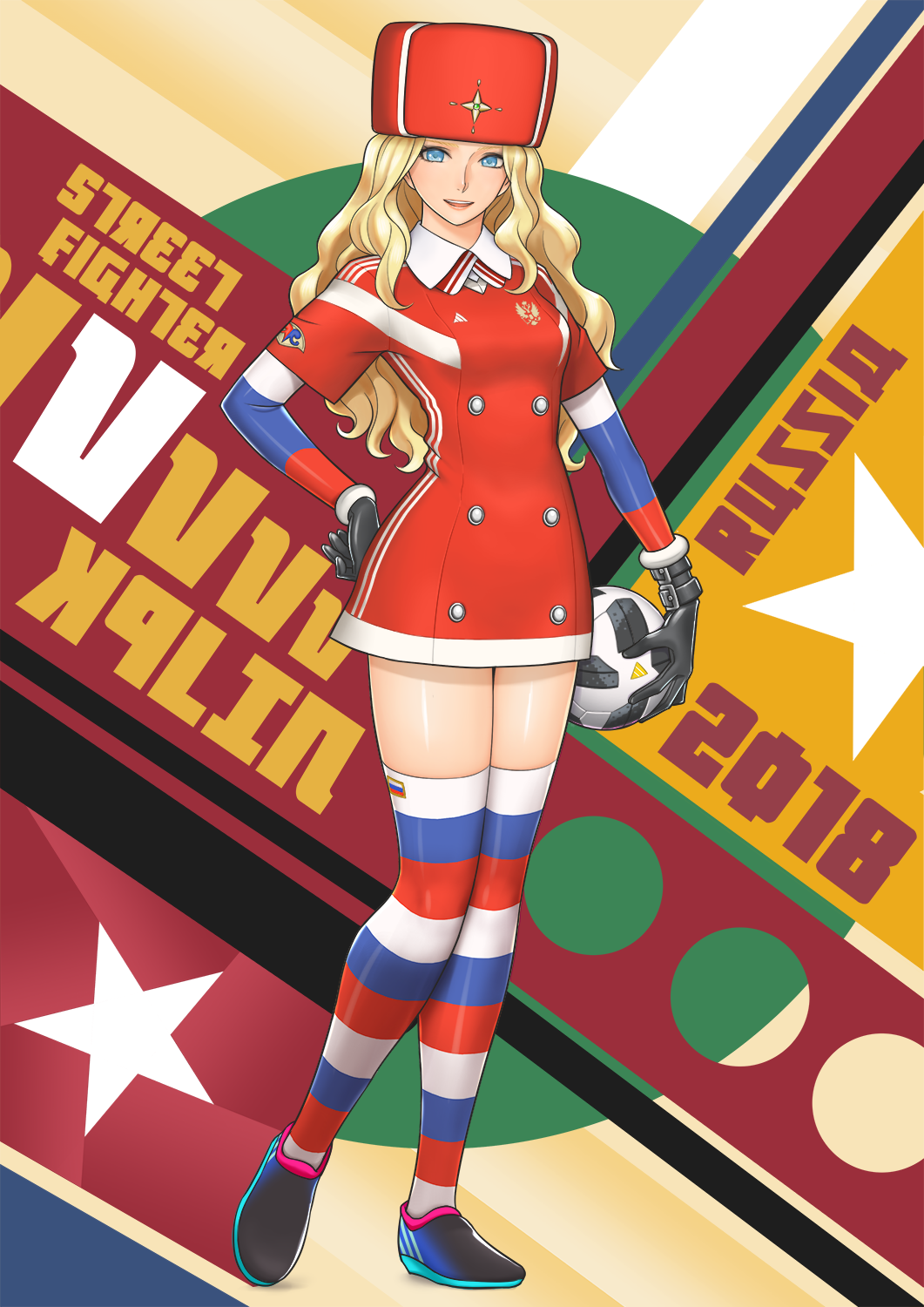 2018_fifa_world_cup adapted_costume ball black_gloves blonde_hair blue_eyes commentary_request detached_sleeves dress fake_cyrillic fur_hat gloves hand_on_hip hat highres kolin long_hair red_dress red_hat russia shigenobu shoes short_dress sneakers soccer soccer_ball soccer_uniform solo sportswear star street_fighter striped striped_legwear striped_sleeves telstar_18 thighhighs ushanka world_cup zettai_ryouiki