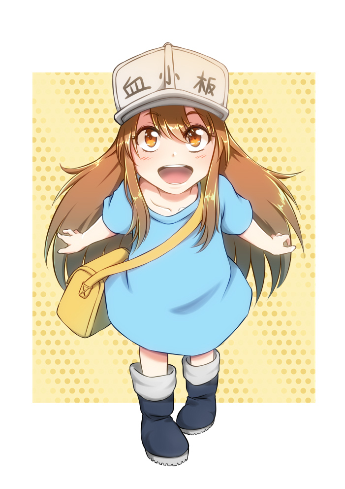 bag blue_shirt boots brown_eyes brown_hair child clothes_writing collarbone eyebrows_visible_through_hair eyes_visible_through_hair flat_cap hair_between_eyes hat hataraku_saibou long_hair looking_at_viewer looking_up open_mouth platelet_(hataraku_saibou) shirt short_sleeves shoulder_bag solo yamauchi_(conan-comy)