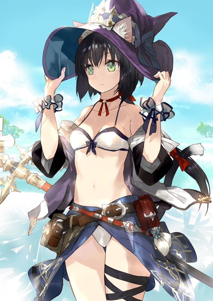animal_ear_fluff animal_ears bangs bare_shoulders belt belt_buckle belt_pouch bikini bikini_under_clothes black_hair blue_sky breasts buckle cat_ears cat_tail choker cleavage cloud collarbone cowboy_shot day ears_through_headwear eyebrows_visible_through_hair frown green_eyes hair_ribbon hands_on_headwear harapeko_(886011) hat hat_ribbon jacket long_hair looking_at_viewer navel off_shoulder original outdoors ponytail pouch red_ribbon ribbon ribbon_choker sarong scrunchie sky small_breasts solo staff standing swimsuit tail tail_ribbon thigh_strap witch_hat wrist_scrunchie