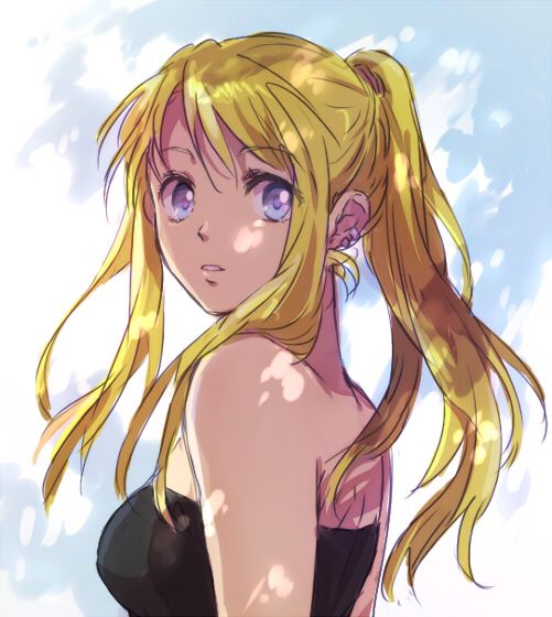 1girl arm arms_at_sides artist_request back bare_arms bare_back bare_shoulders black_tubetop blonde_hair blue_eyes breasts eyebrows_visible_through_hair eyes_visible_through_hair female from_behind fullmetal_alchemist long_hair looking_at_viewer looking_back medium_breasts parted_lips piercing ponytail shade sidelocks solo strapless tubetop upper_body winry_rockbell