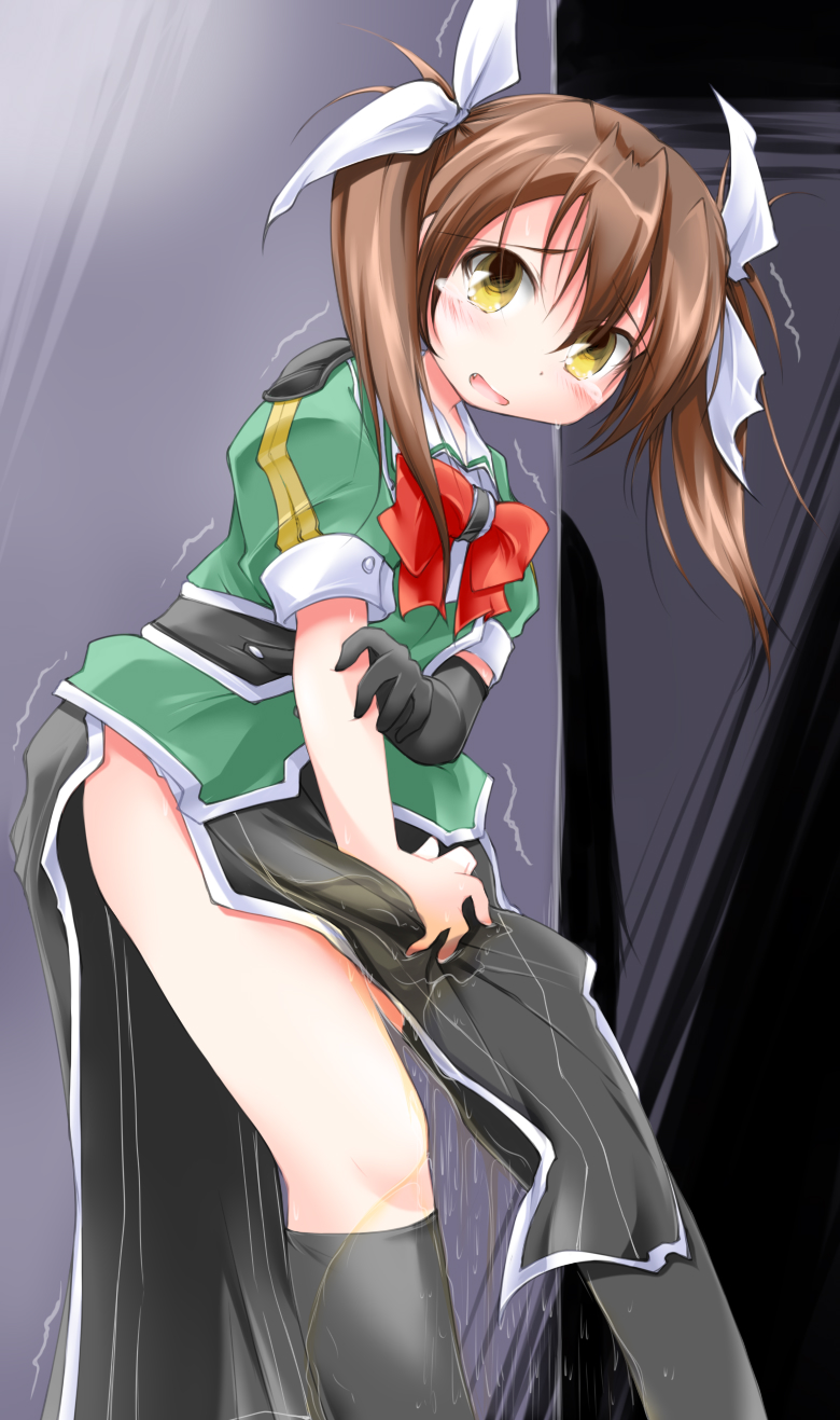 2girls anbee_(arary) black_gloves black_legwear black_skirt blush bow bowtie brown_hair elbow_gloves embarrassed fang female gloves green_jacket hair_ribbon hand_up have_to_pee highres jacket kantai_collection kneehighs looking_up mismatched_legwear multiple_girls open_mouth peeing peeing_self pelvic_curtain red_neckwear ribbon shiny shiny_hair shirt short_sleeves silhouette single_glove single_kneehigh single_thighhigh skirt skirt_grab smile solo_focus standing tears thighhighs tied_hair tone_(kantai_collection) trembling twintails wet wet_clothes white_ribbon white_shirt yellow_eyes