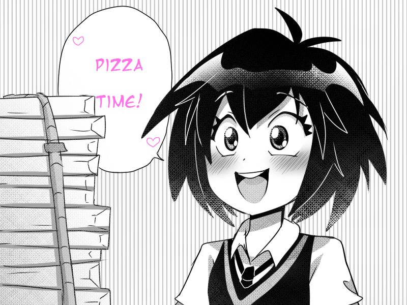 1girl blush eyebrows_visible_through_hair happy monochrome open_mouth peni_parker school_uniform short_hair smile solo speech_bubble spider-man:_into_the_spider-verse spider-man_(series) text_focus tongue upper_body