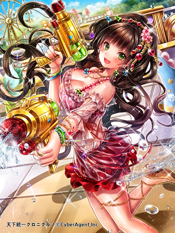 amusement_park bangle blue_sky bracelet breasts brown_footwear brown_hair bubble cleavage day dual_wielding dutch_angle earrings ferris_wheel frills green_eyes hair_ornament hobak holding jewelry large_breasts long_hair looking_at_viewer necklace official_art open_mouth outdoors red_skirt sandals skirt sky smile sparkle squirting standing tenka_touitsu_chronicle water_gun wet